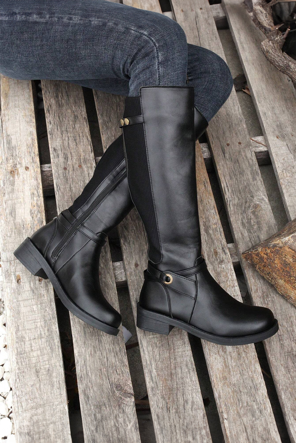 Black Side-Zipper Knee High Chunky Low Heel Boots