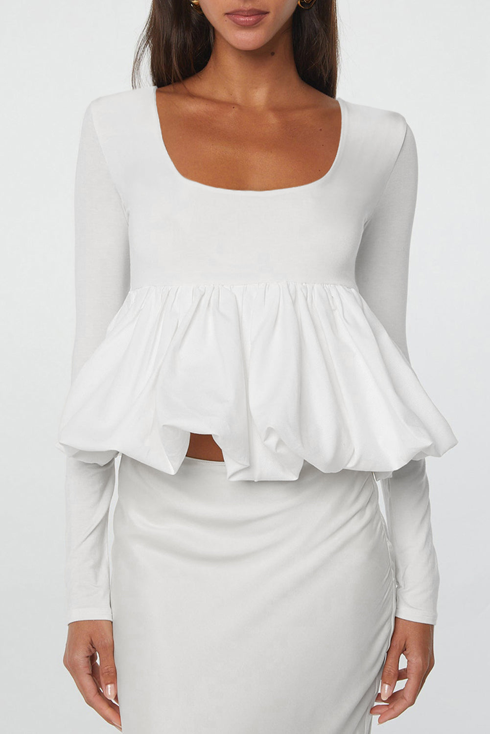 White U-Neck Long Sleeve Bubble Hem Top