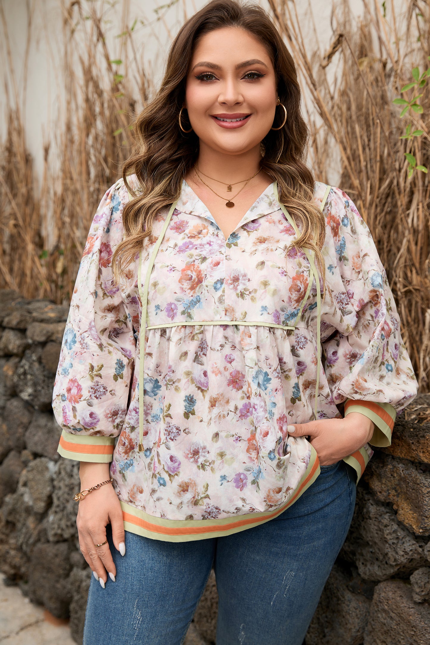 Floral Print Contrast Trim Striped Detail Babydoll Plus-Size Blouse