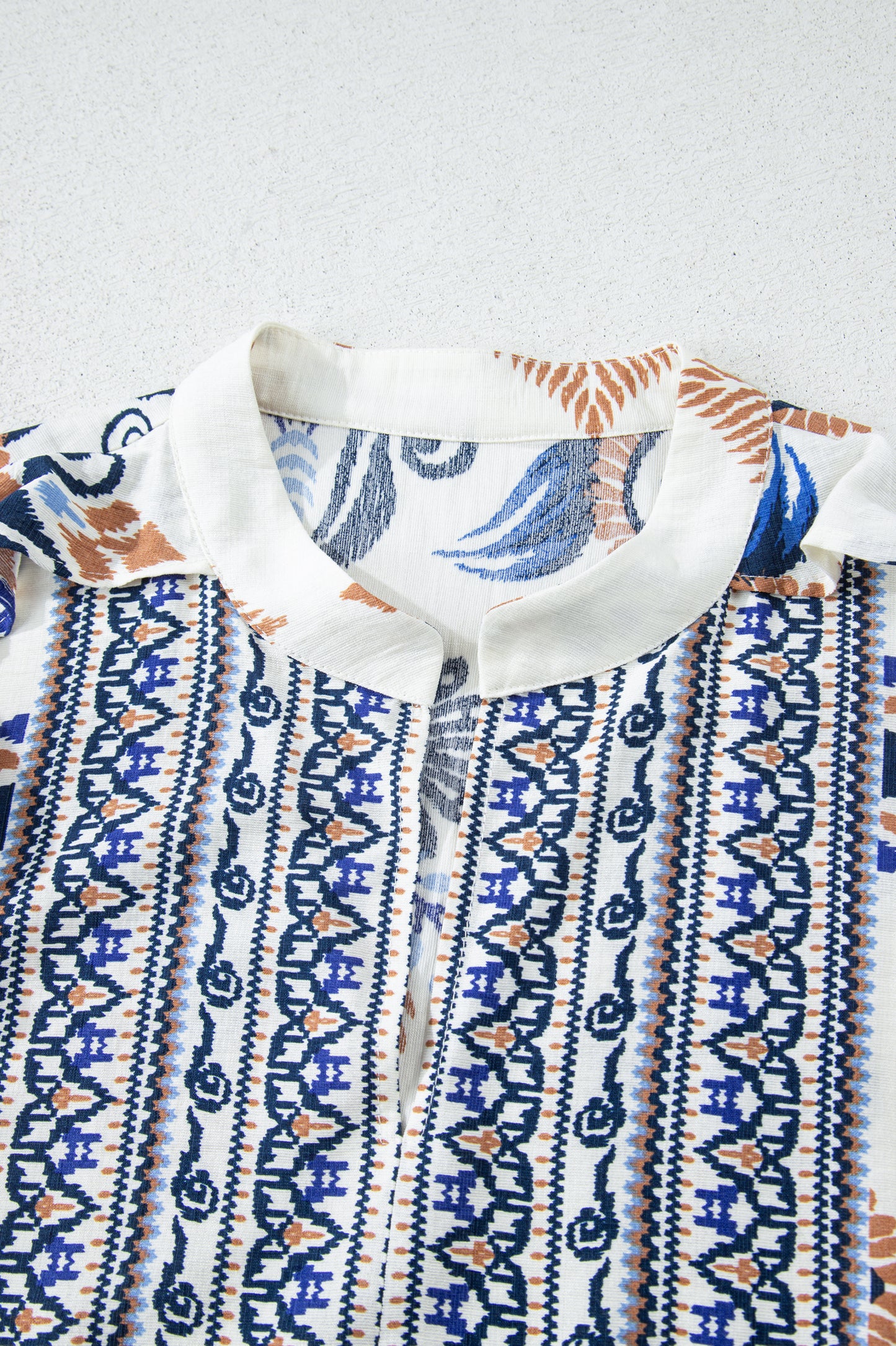 Sky Blue Plus-Size Boho Print Split Neck Long Sleeve Mini Dress