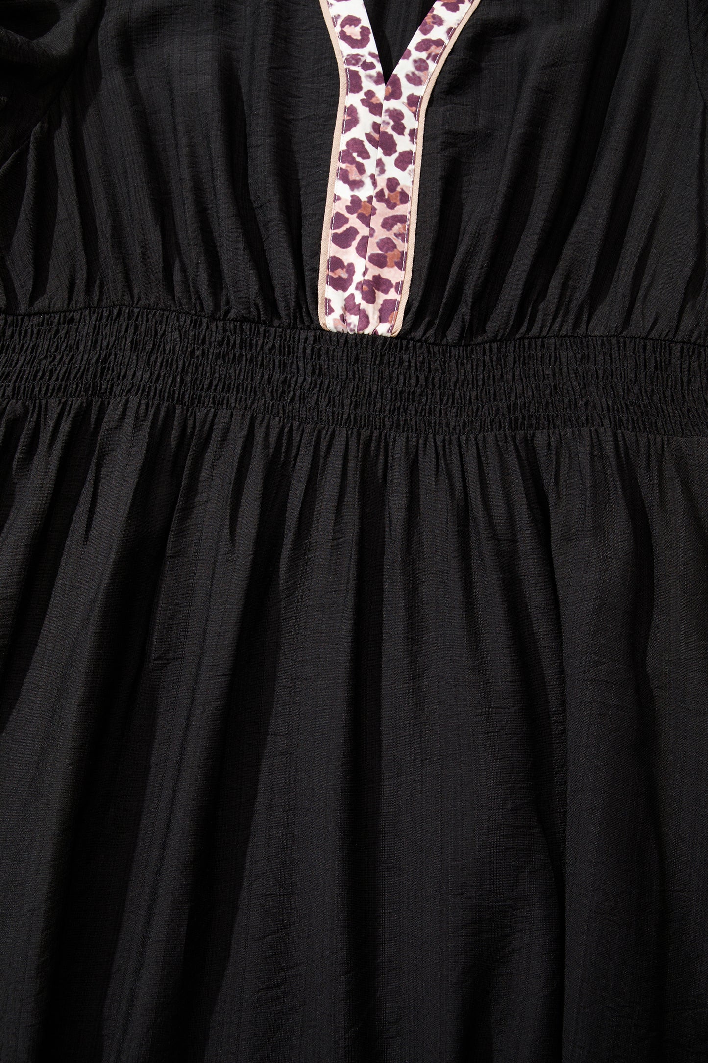 Black Leopard V-Neck Patchwork Smocked Waist Plus-Size Ruffled Dress