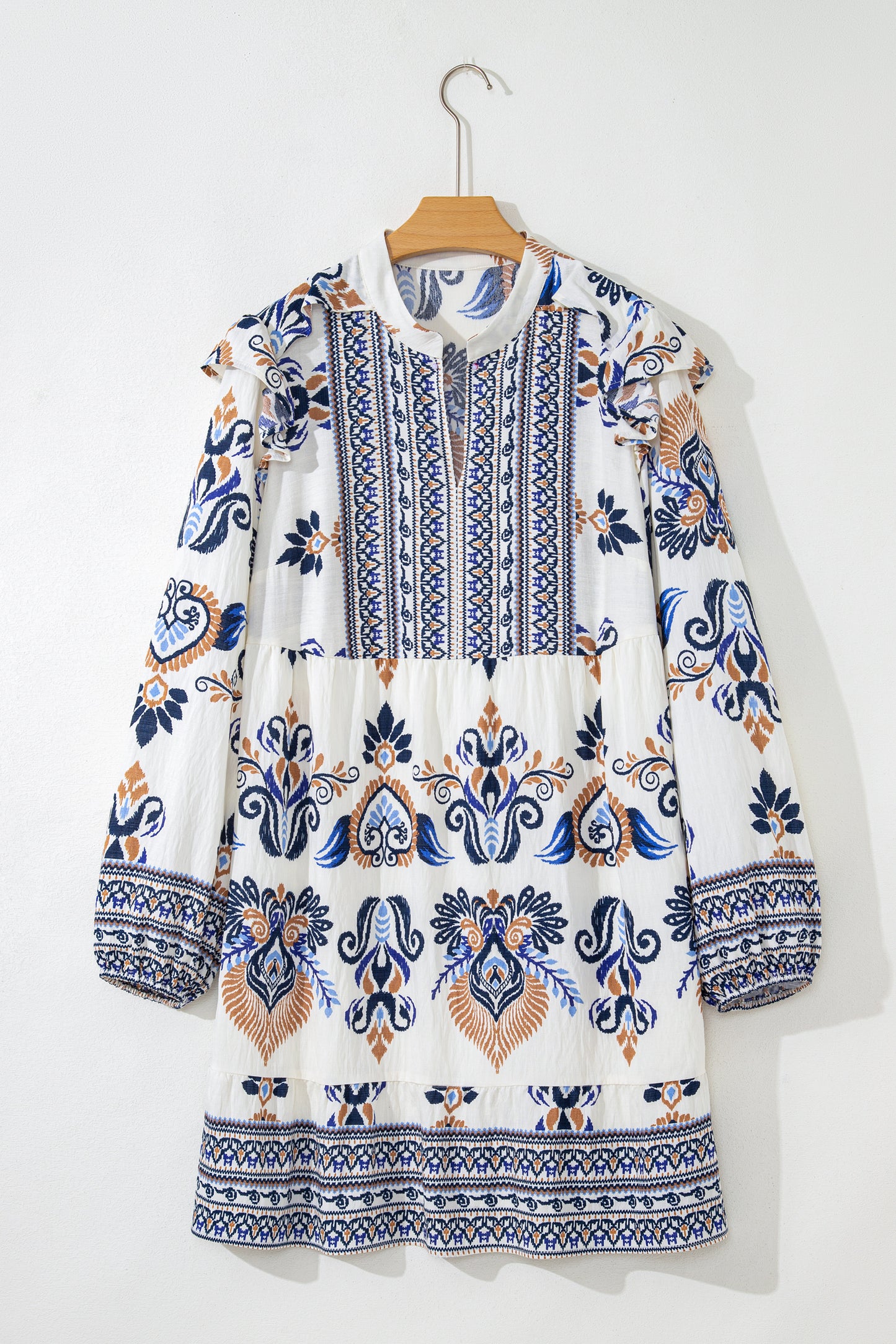 Sky Blue Plus-Size Boho Print Split Neck Long Sleeve Mini Dress