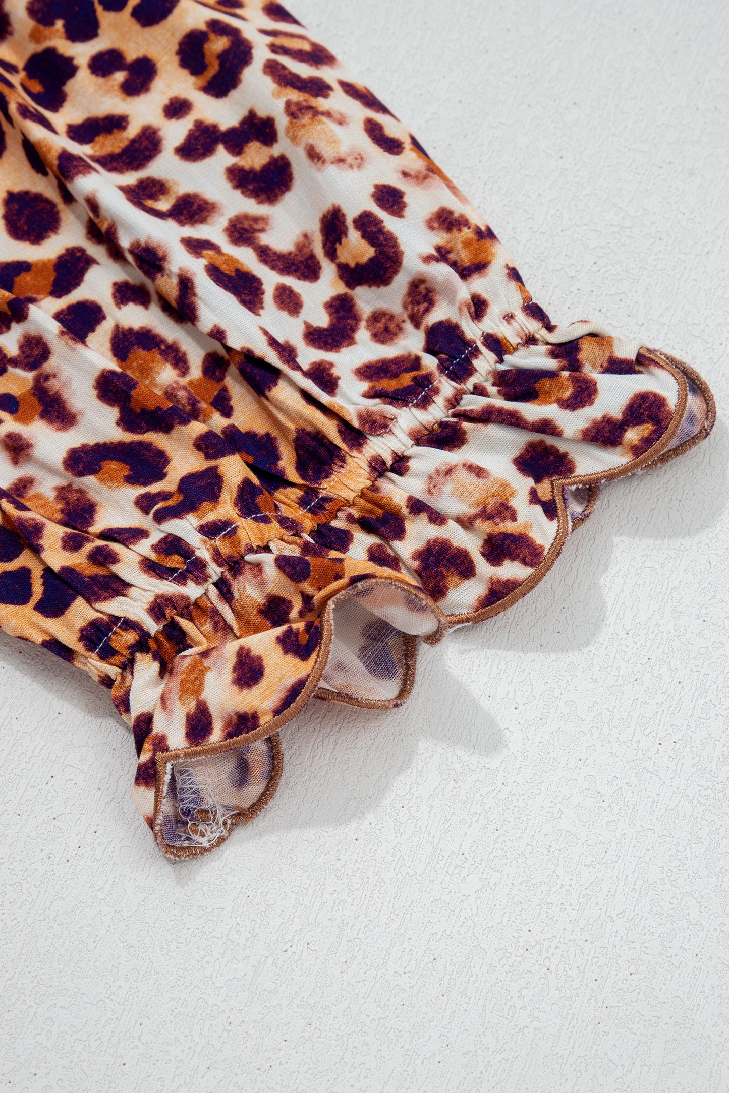 Brown Plus-Size Leopard Frilled Stand Neck Blouse