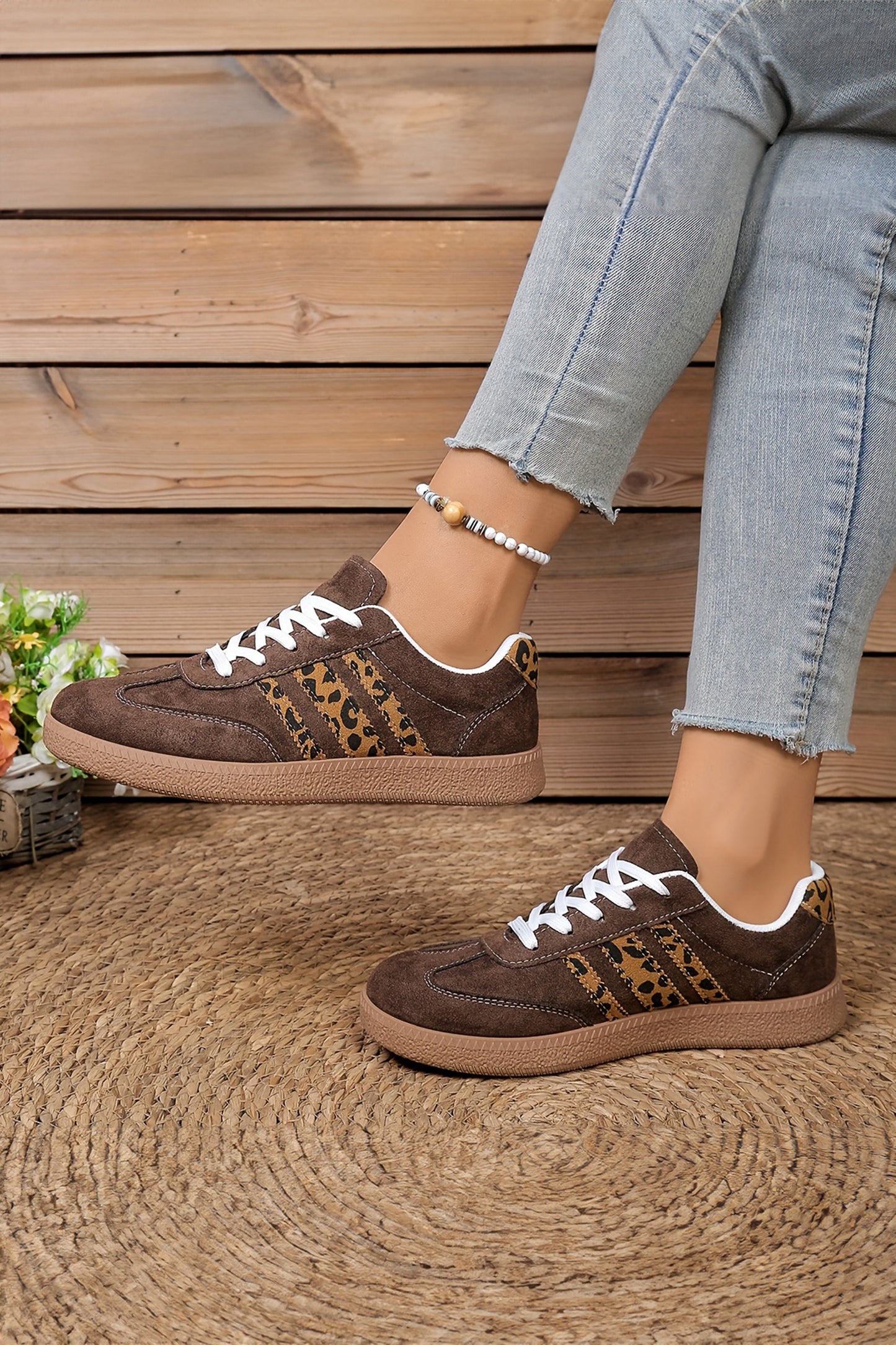 Coffee Contrast Lace-up Leopard Patchwork Detail Faux Suede Sneakers