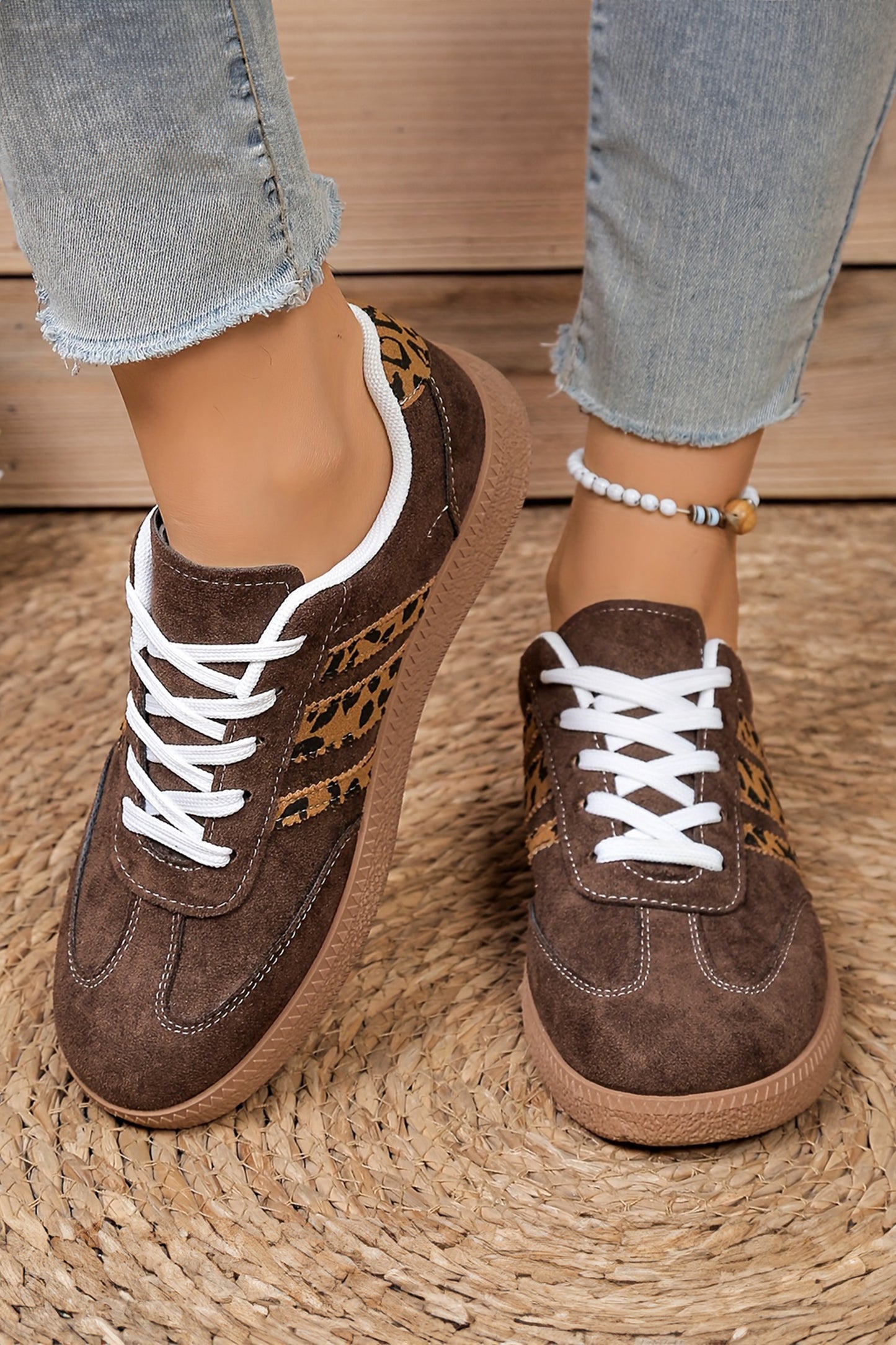 Coffee Contrast Lace-up Leopard Patchwork Detail Faux Suede Sneakers