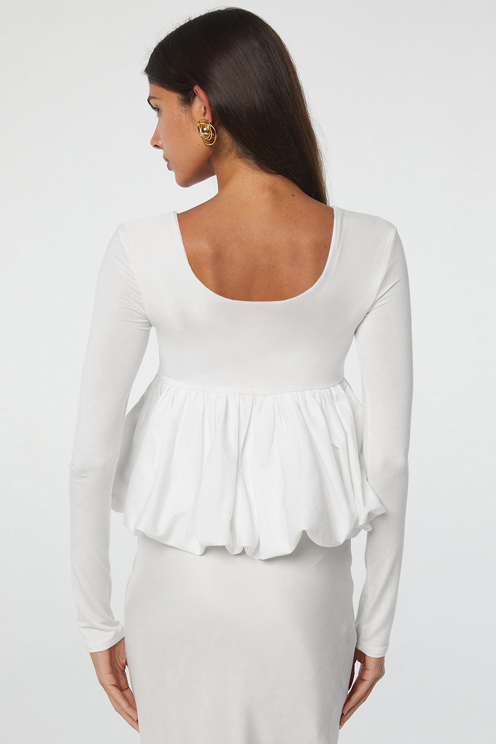 White U-Neck Long Sleeve Bubble Hem Top