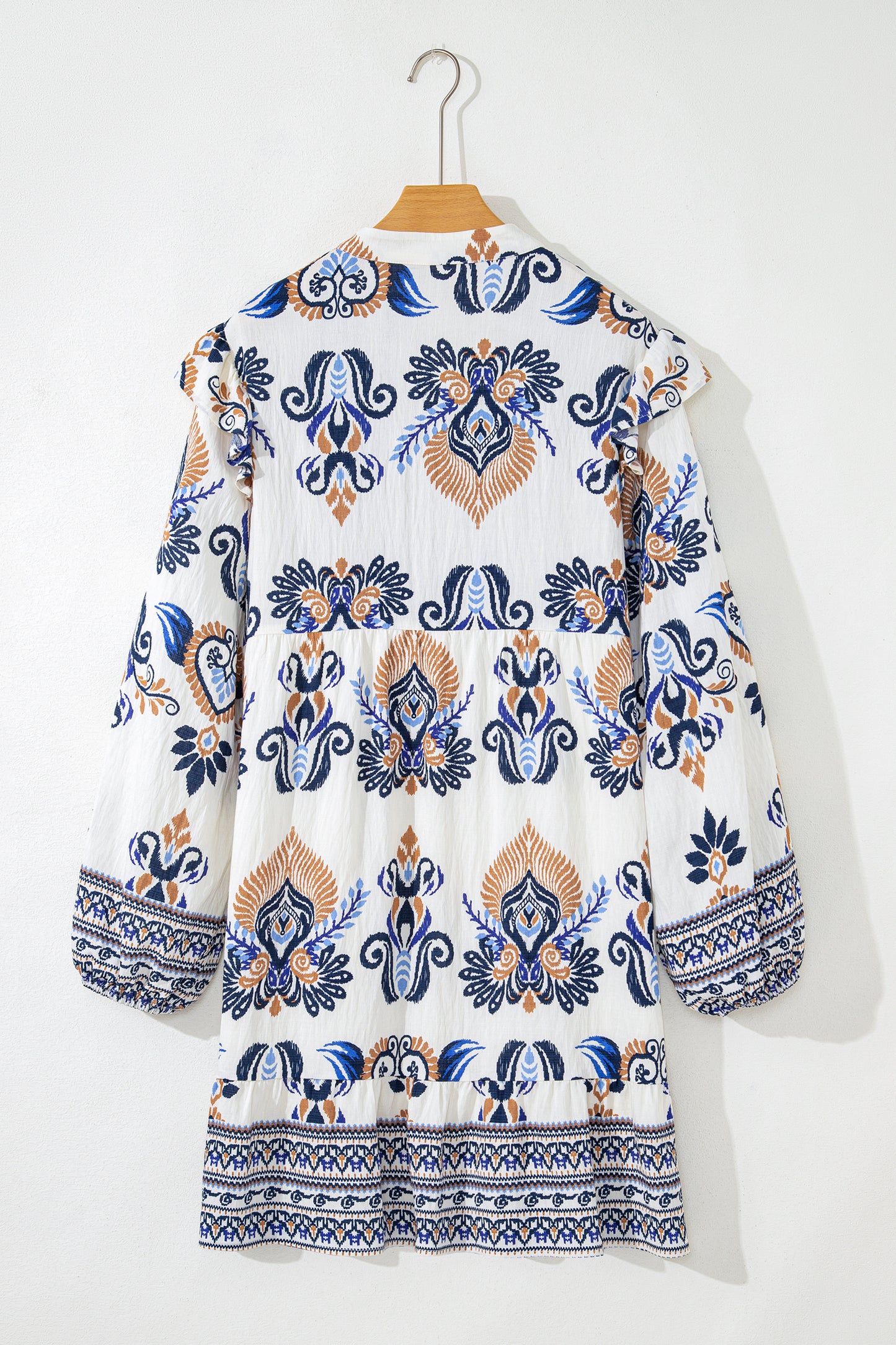 Sky Blue Plus-Size Boho Print Split Neck Long Sleeve Mini Dress