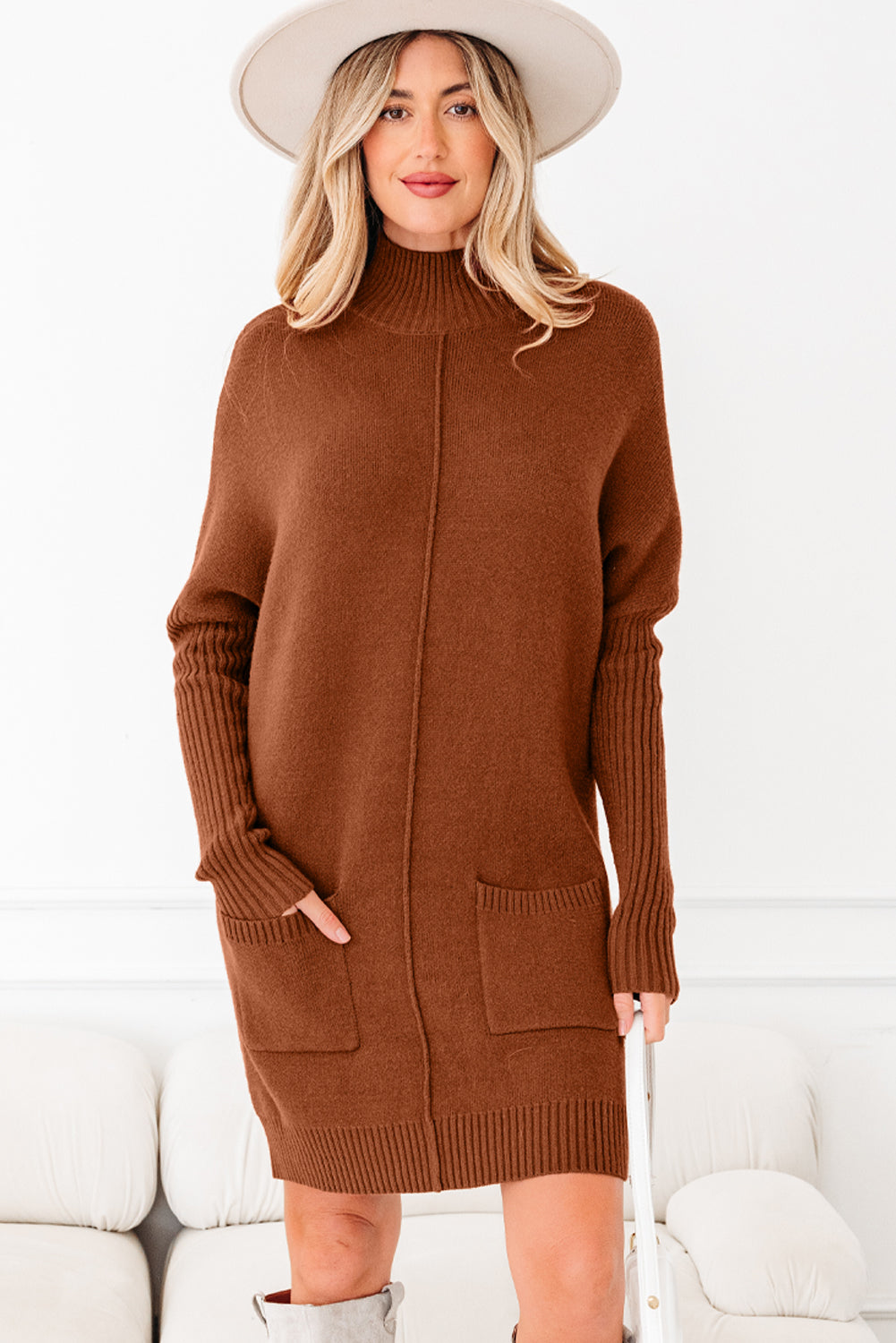 Ribbed High-Neck Front Pockets Center Seam Shift Sweater Dress