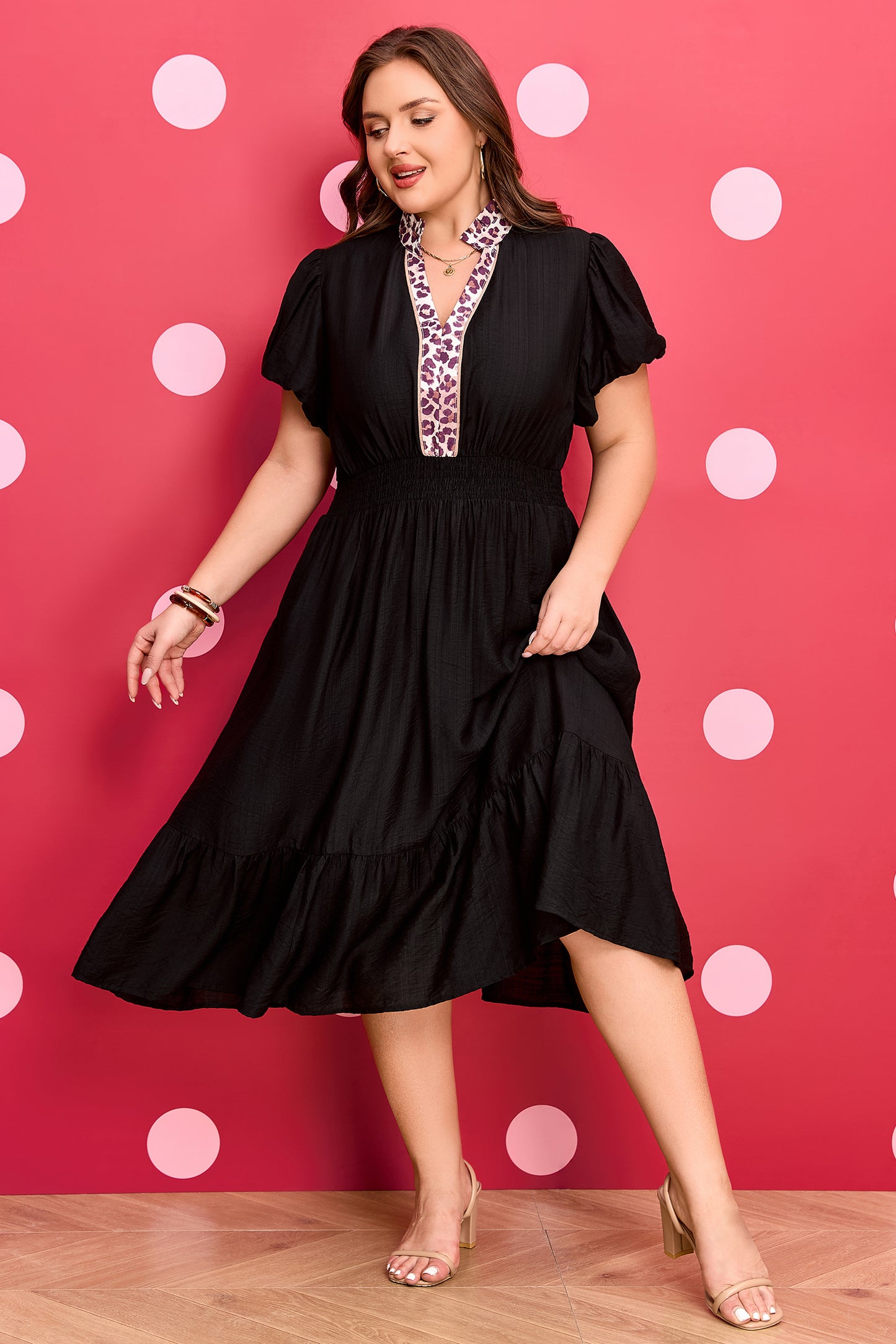Black Leopard V-Neck Patchwork Smocked Waist Plus-Size Ruffled Dress