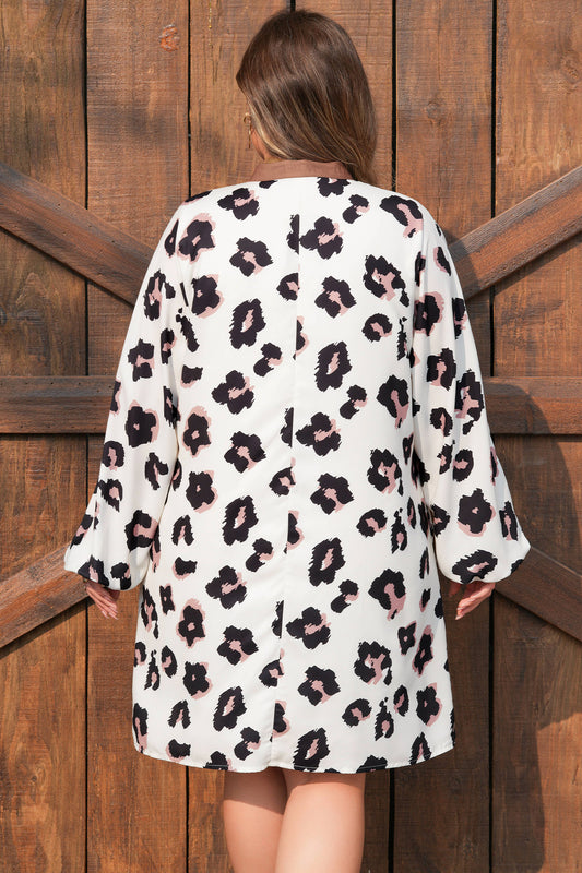 Leopard Print Contrast V-Neck Plus Size Shift Mini Dress