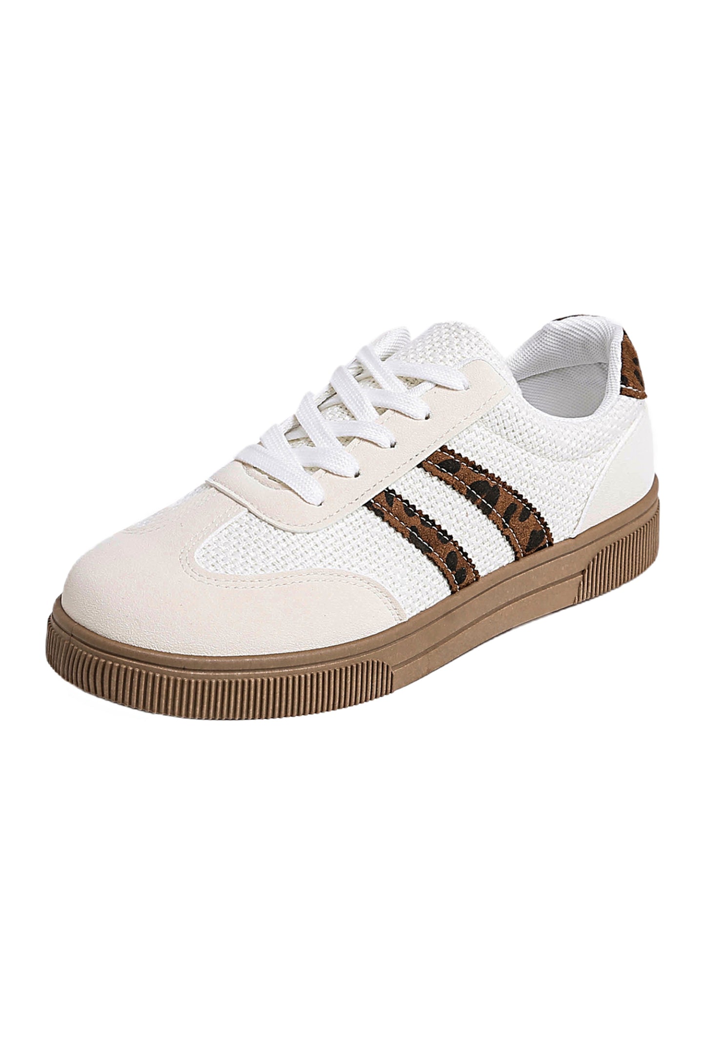 White Textured Woven Faux Leather Leopard Patchwork Flat Sneakers