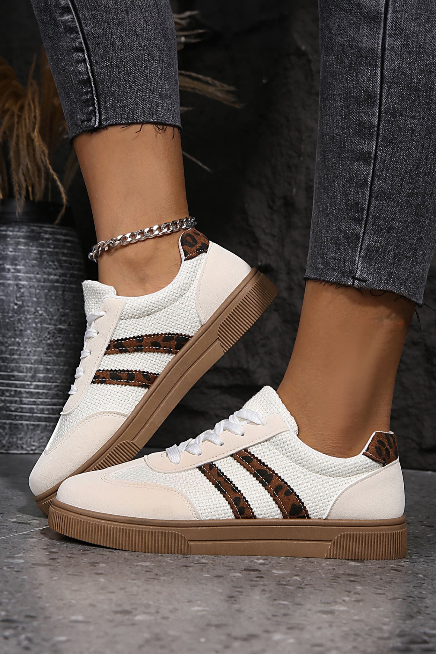 White Textured Woven Faux Leather Leopard Patchwork Flat Sneakers