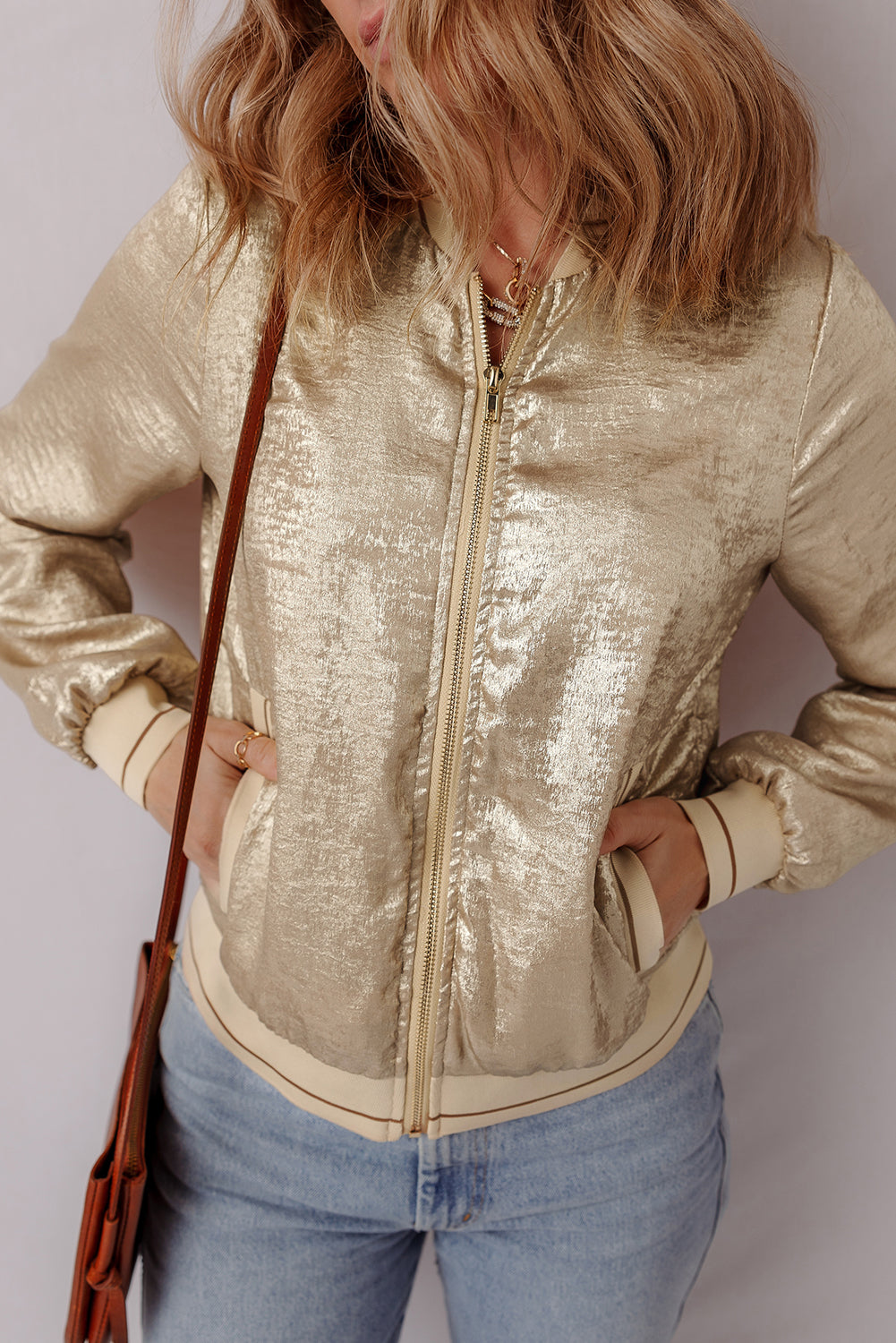 Pale Khaki Metallic Zip-up Baseball Jacket