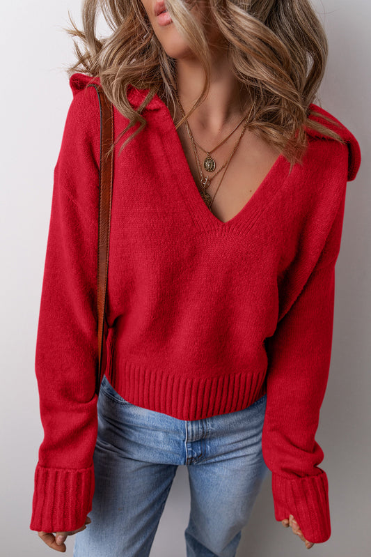 Collared V-Neck Ribbed Edge Sexy Elegant Sweater
