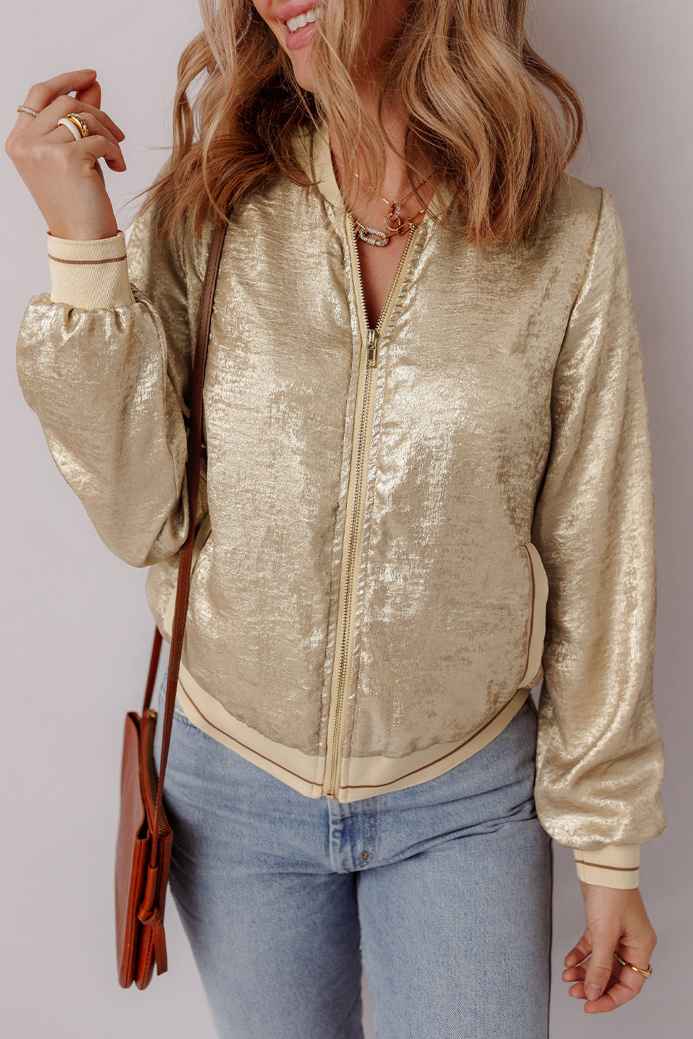 Pale Khaki Metallic Zip-up Baseball Jacket