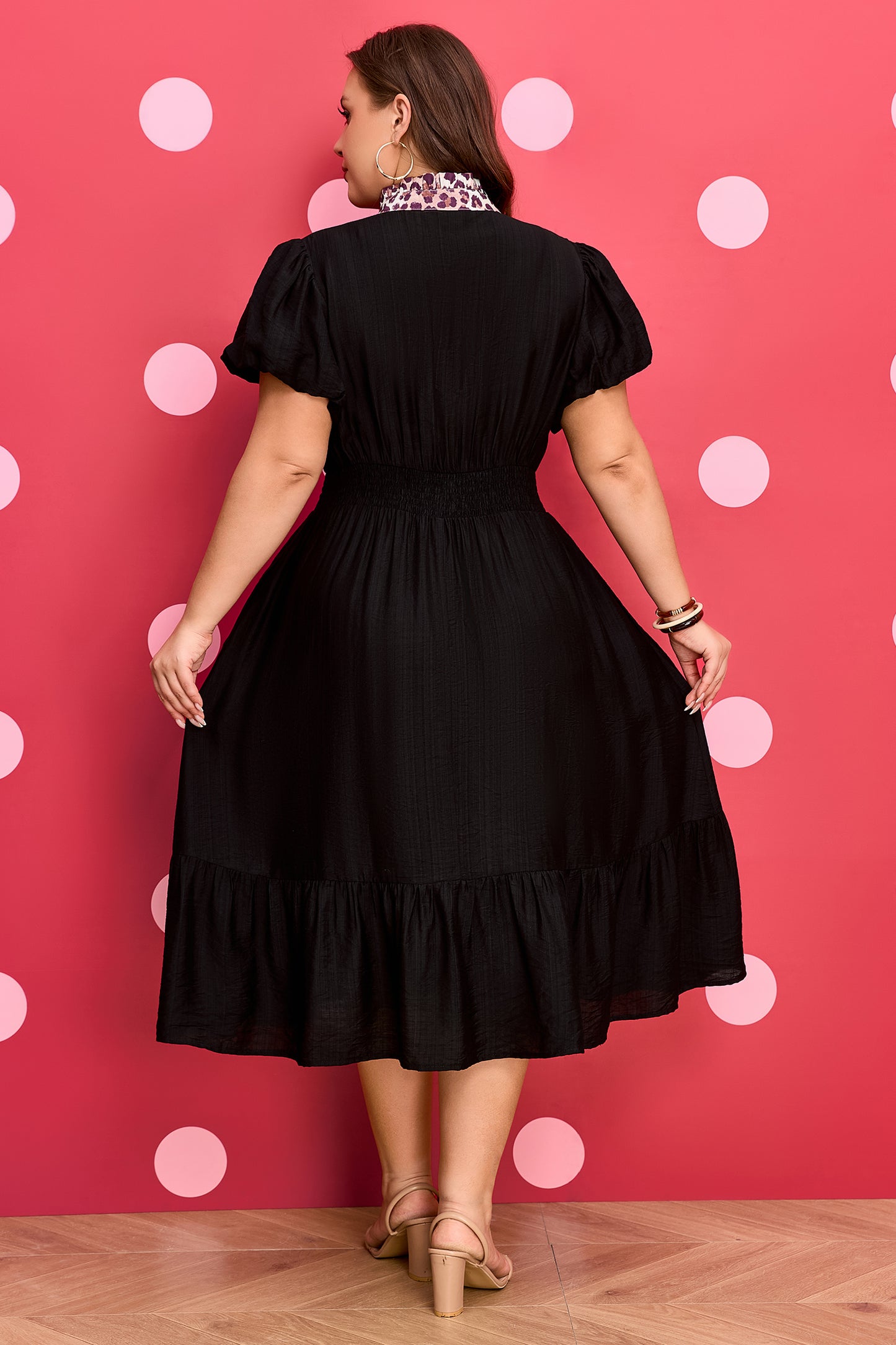Black Leopard V-Neck Patchwork Smocked Waist Plus-Size Ruffled Dress