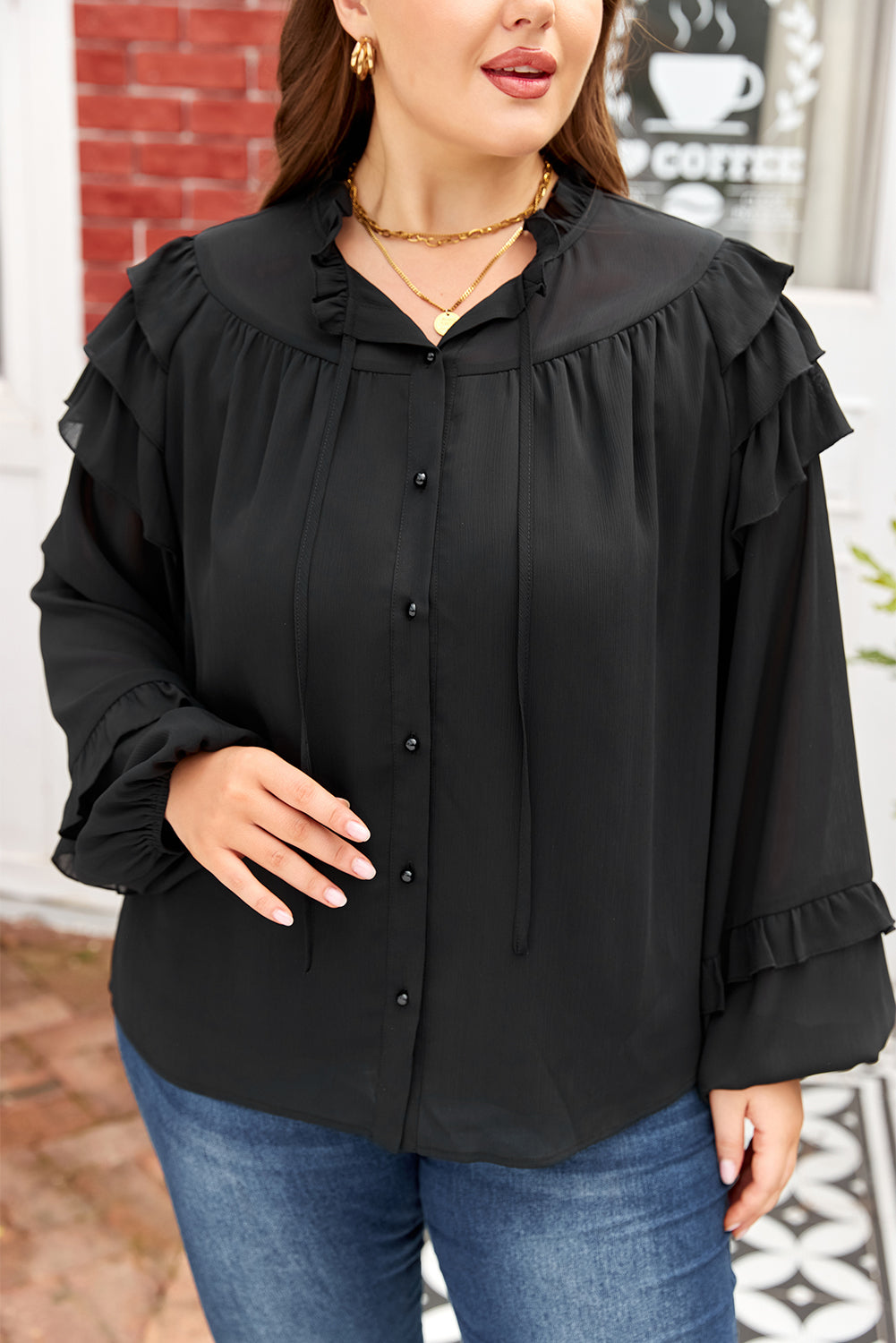 Black Ruffle Balloon-Sleeve Chiffon Plus Size Shirt
