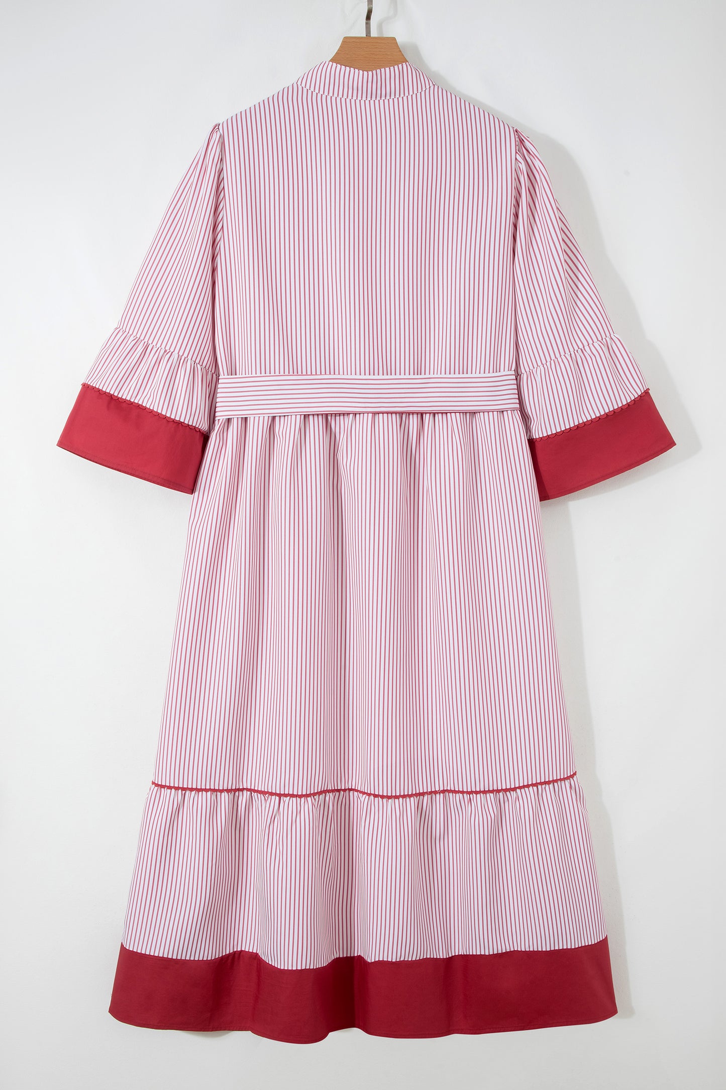 Red Stripe Plus-Size Ruffled Hem Pinstriped Midi Dress