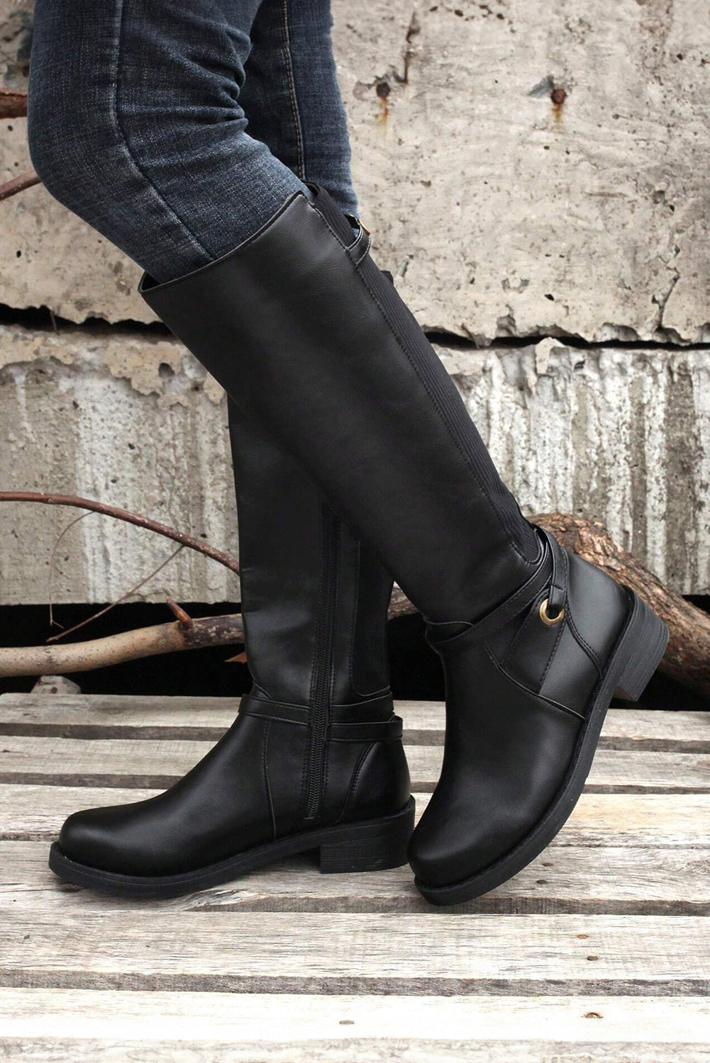Black Side-Zipper Knee High Chunky Low Heel Boots