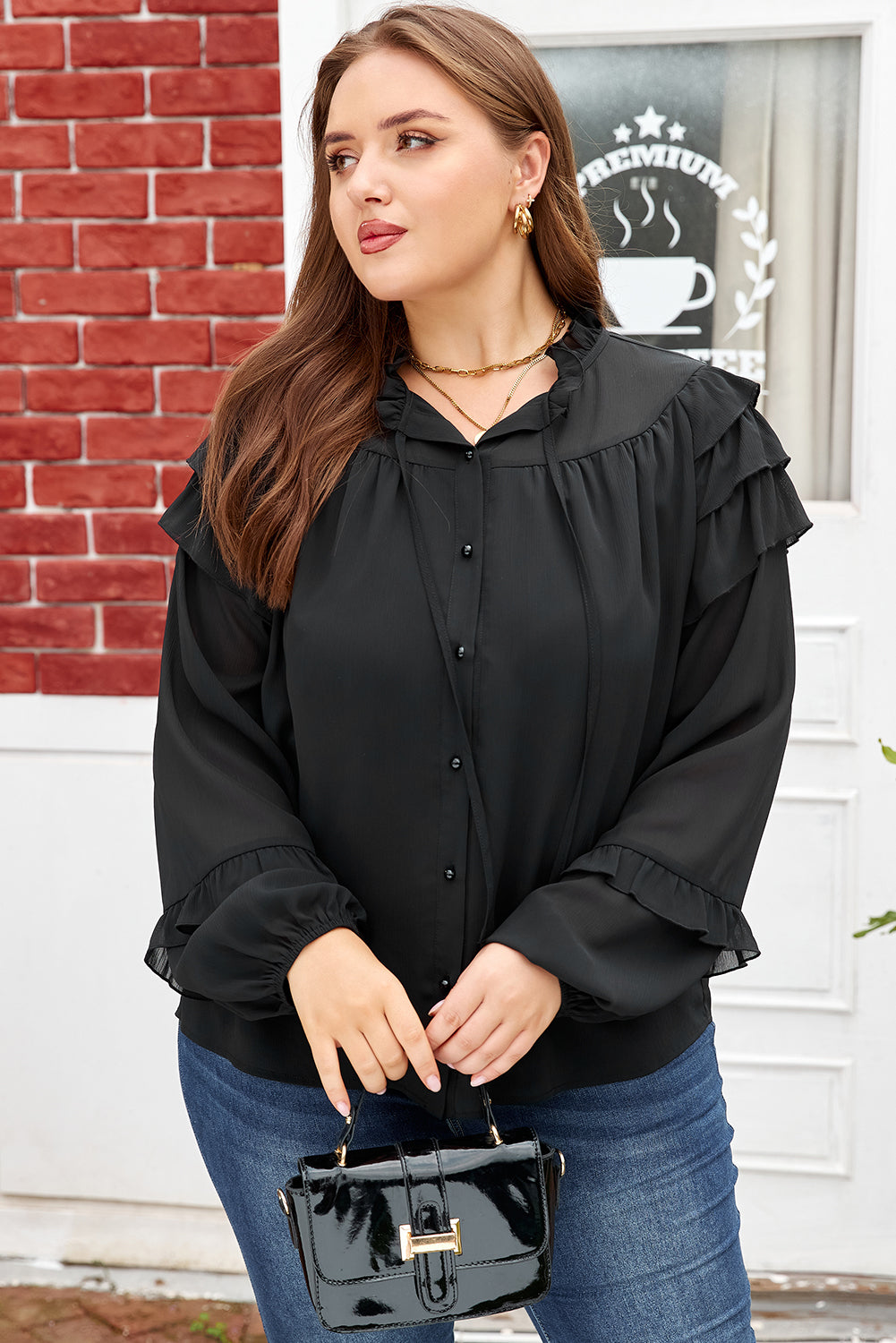 Black Ruffle Balloon-Sleeve Chiffon Plus Size Shirt