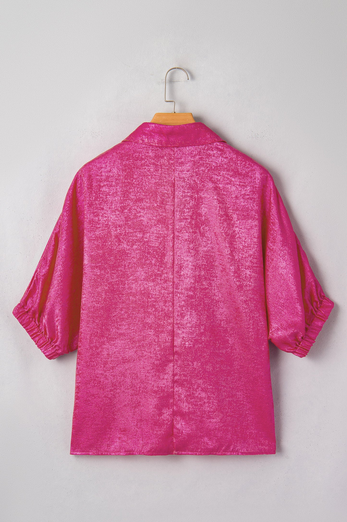 Strawberry Pink Collared V-Neck Half Sleeve Metallic Top