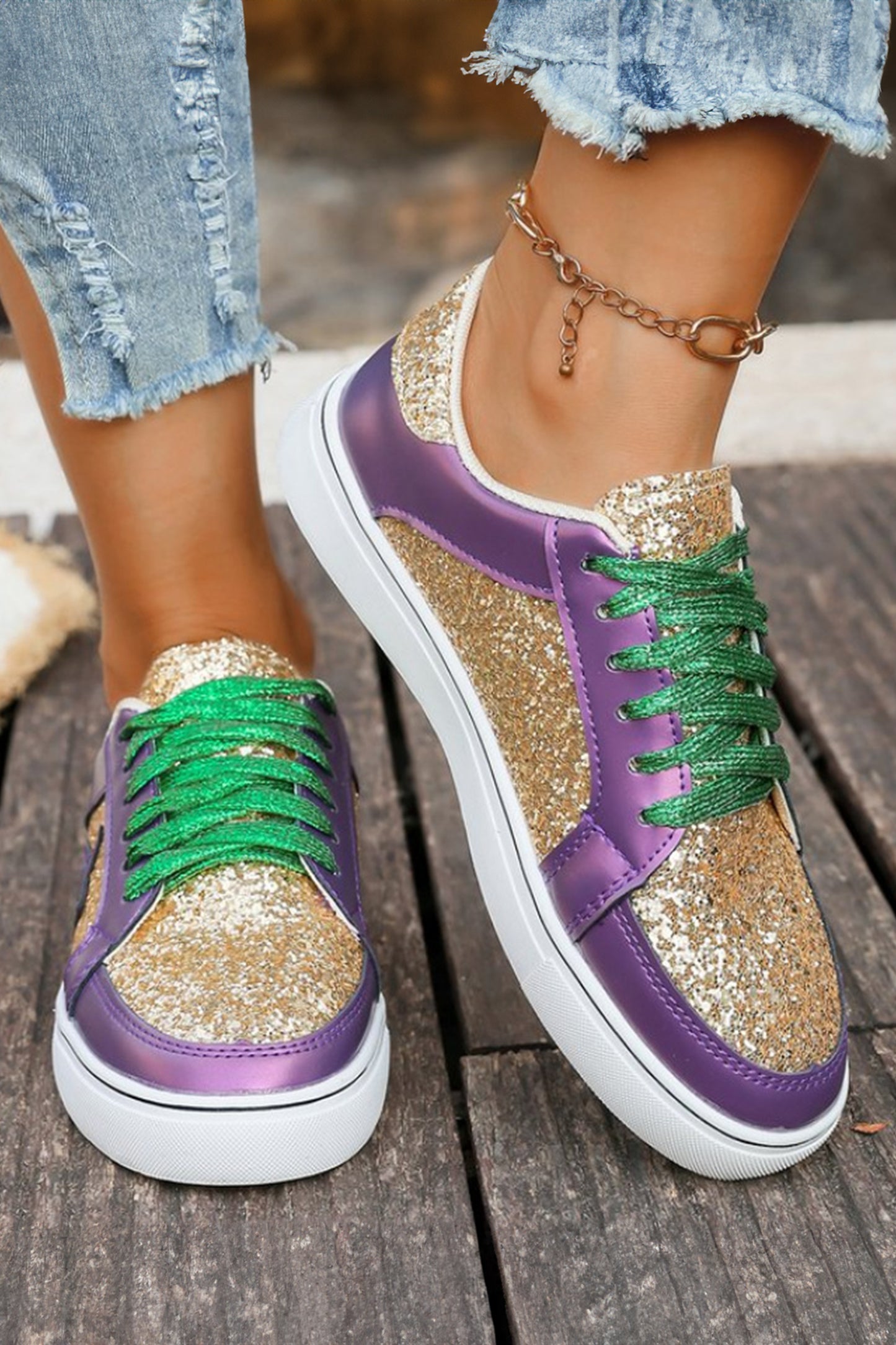 Glitter Star Patchwork Faux Leather Lace-up Sneakers