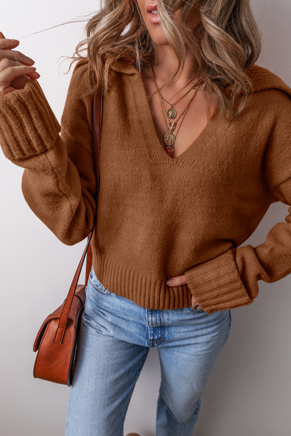 Collared V-Neck Ribbed Edge Sexy Elegant Sweater