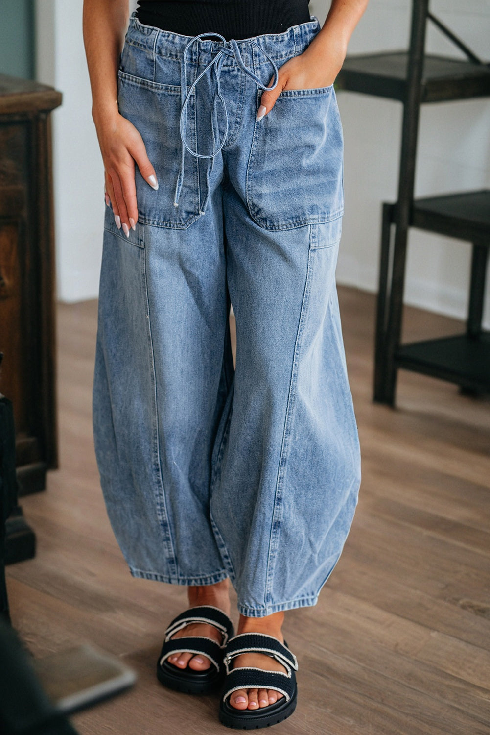 Large Patch Pocket Drawstring Paperbag Waist Barrel Jeans
