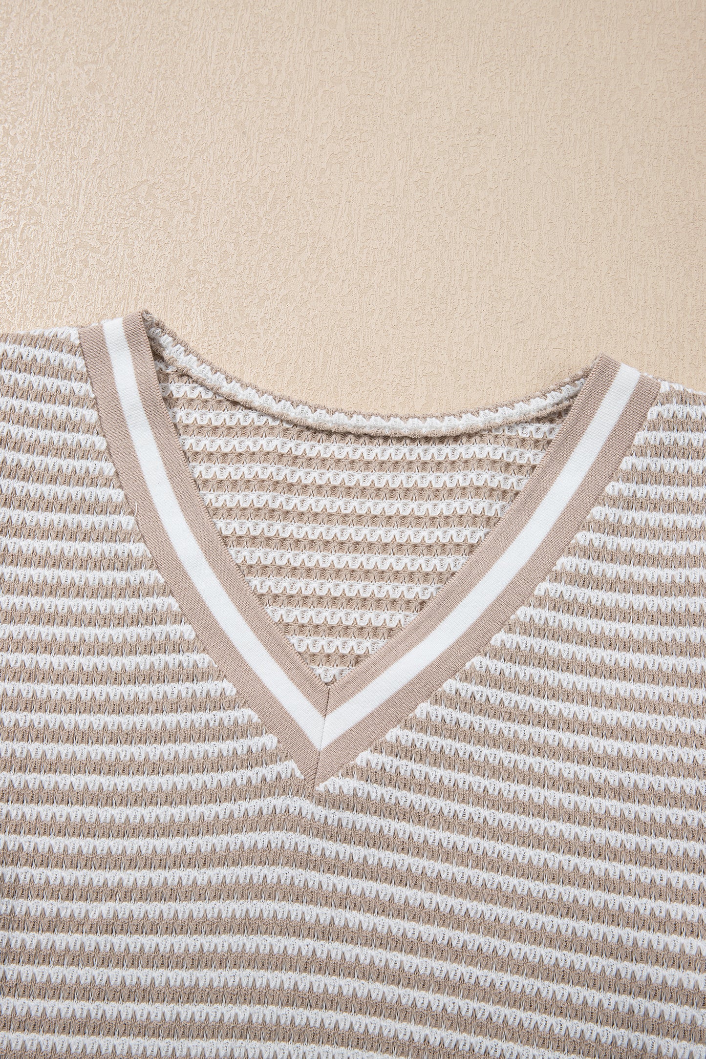Beige Striped Textured-Knit V-Neck Casual Top