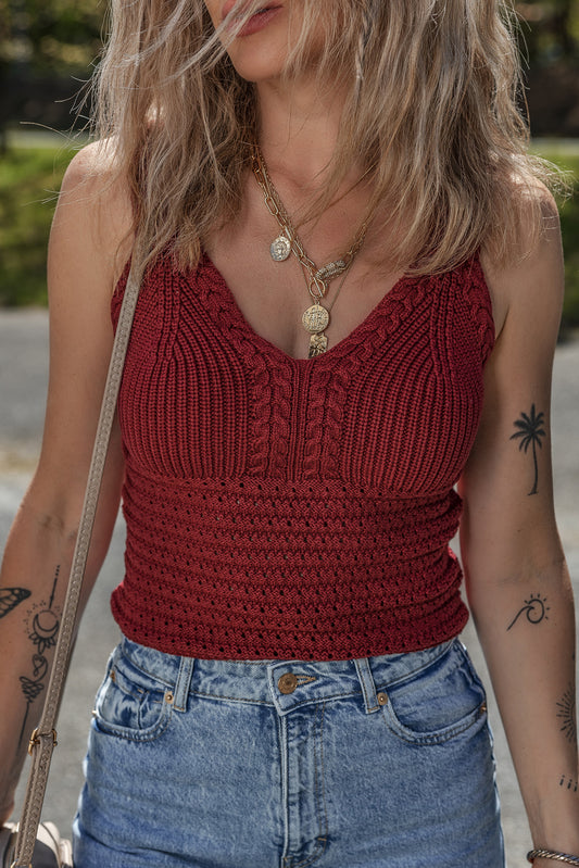 Burgundy Cable Knit Pointelle Slim Fit V-Neck Tank Top