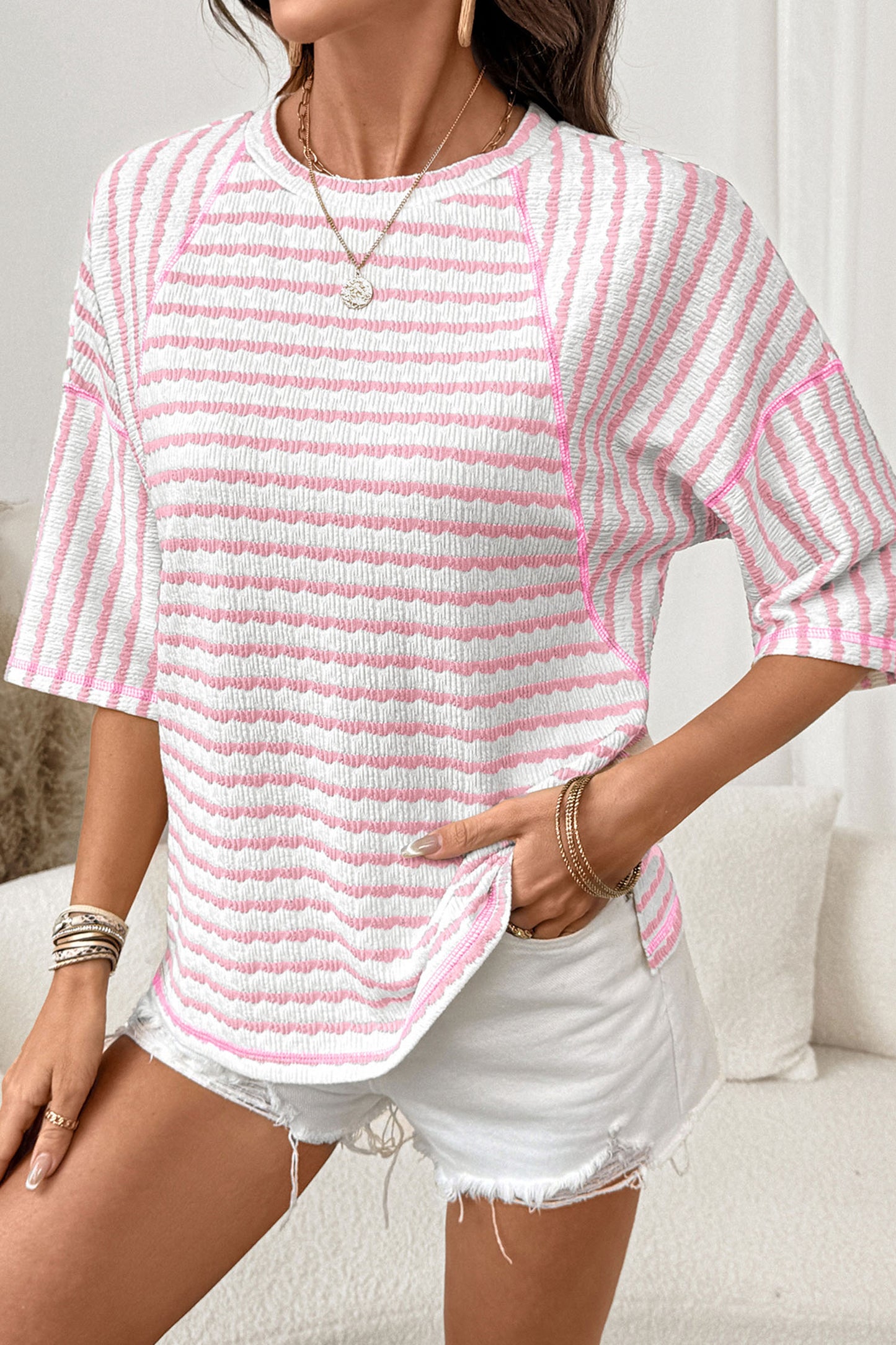 Textured Knit Split-Hem Half Sleeve Loose Top