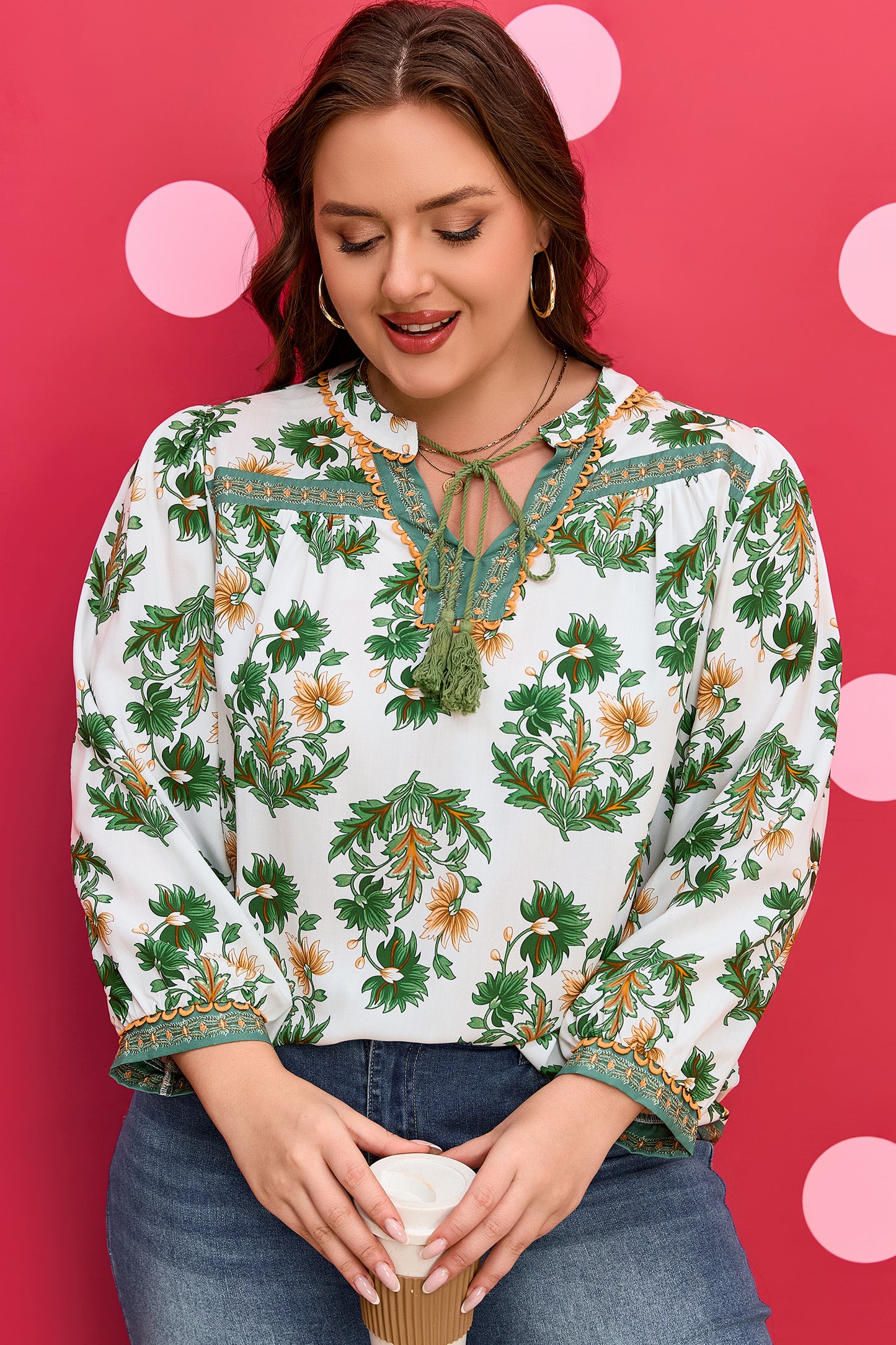 Green Plus-Size Floral Printed Contrast Patchwork Detail Tassel Tie 3/4 Sleeve Blouse