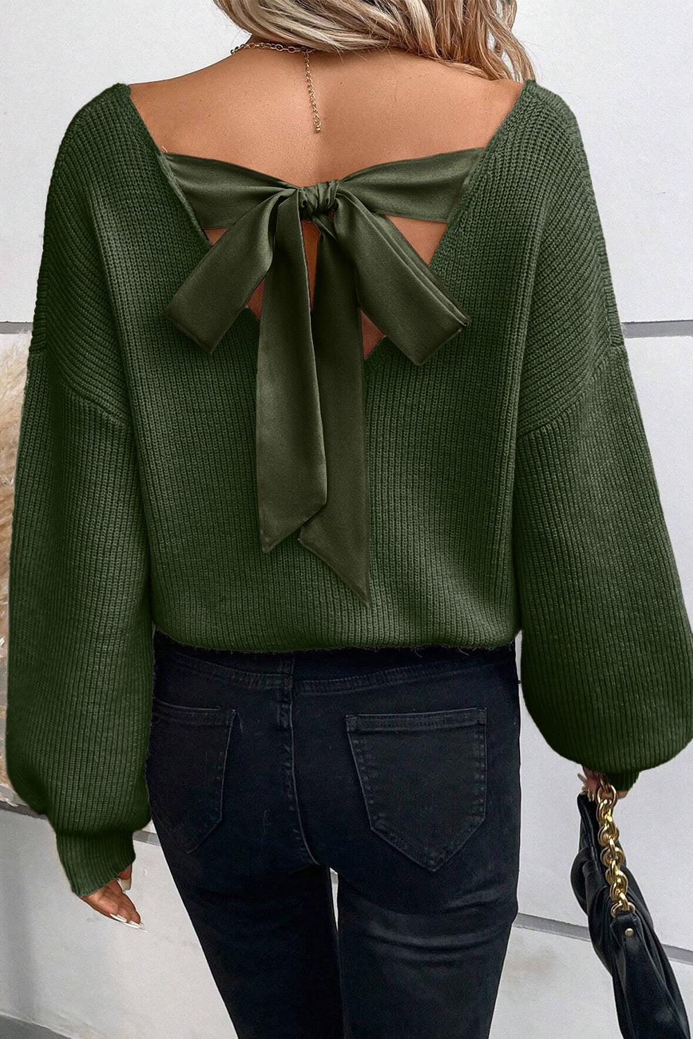 Lantern Sleeve V-Neck Knot Back Knitted Top