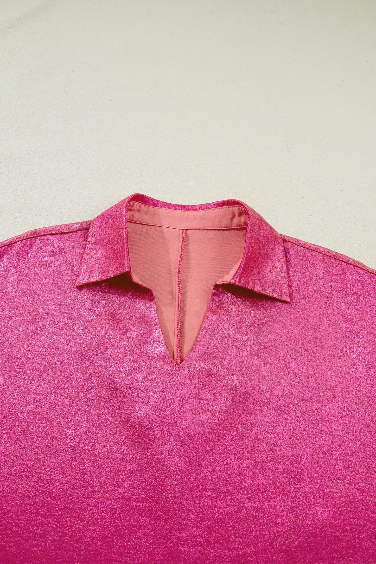 Strawberry Pink Collared V-Neck Half Sleeve Metallic Top