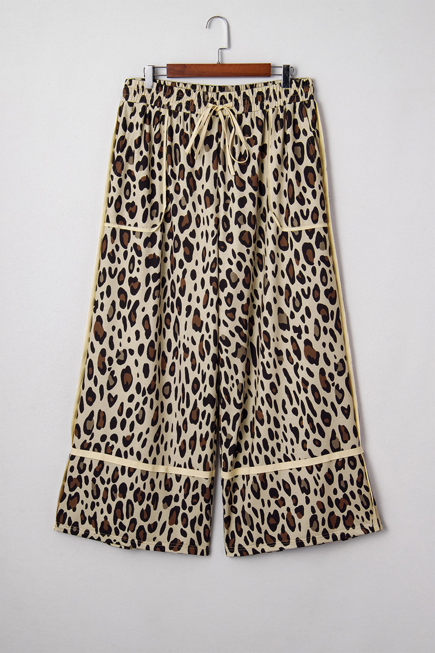 Leopard Print Exposed Seam Plus Size Drawstring Wide Leg Pants