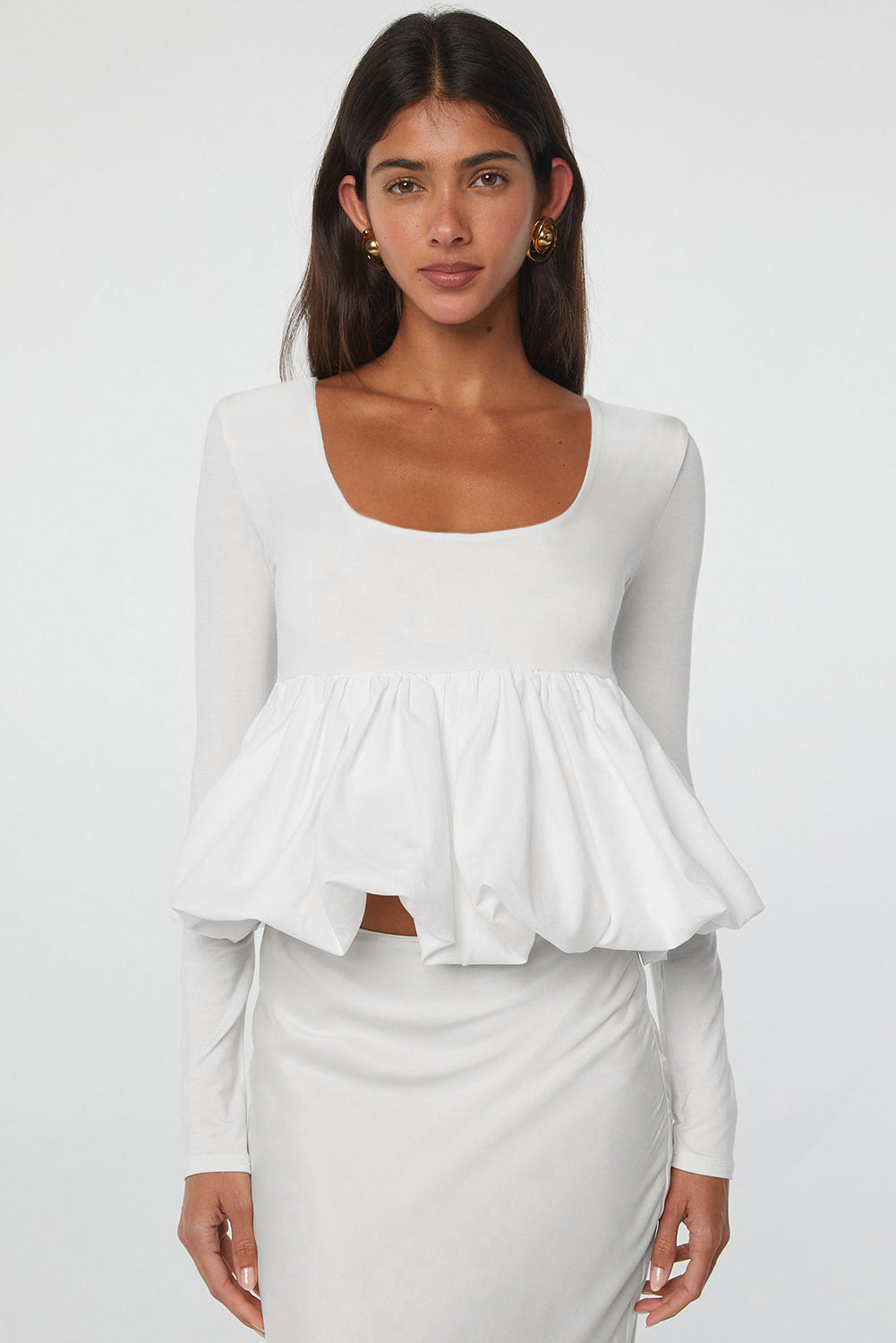 White U-Neck Long Sleeve Bubble Hem Top