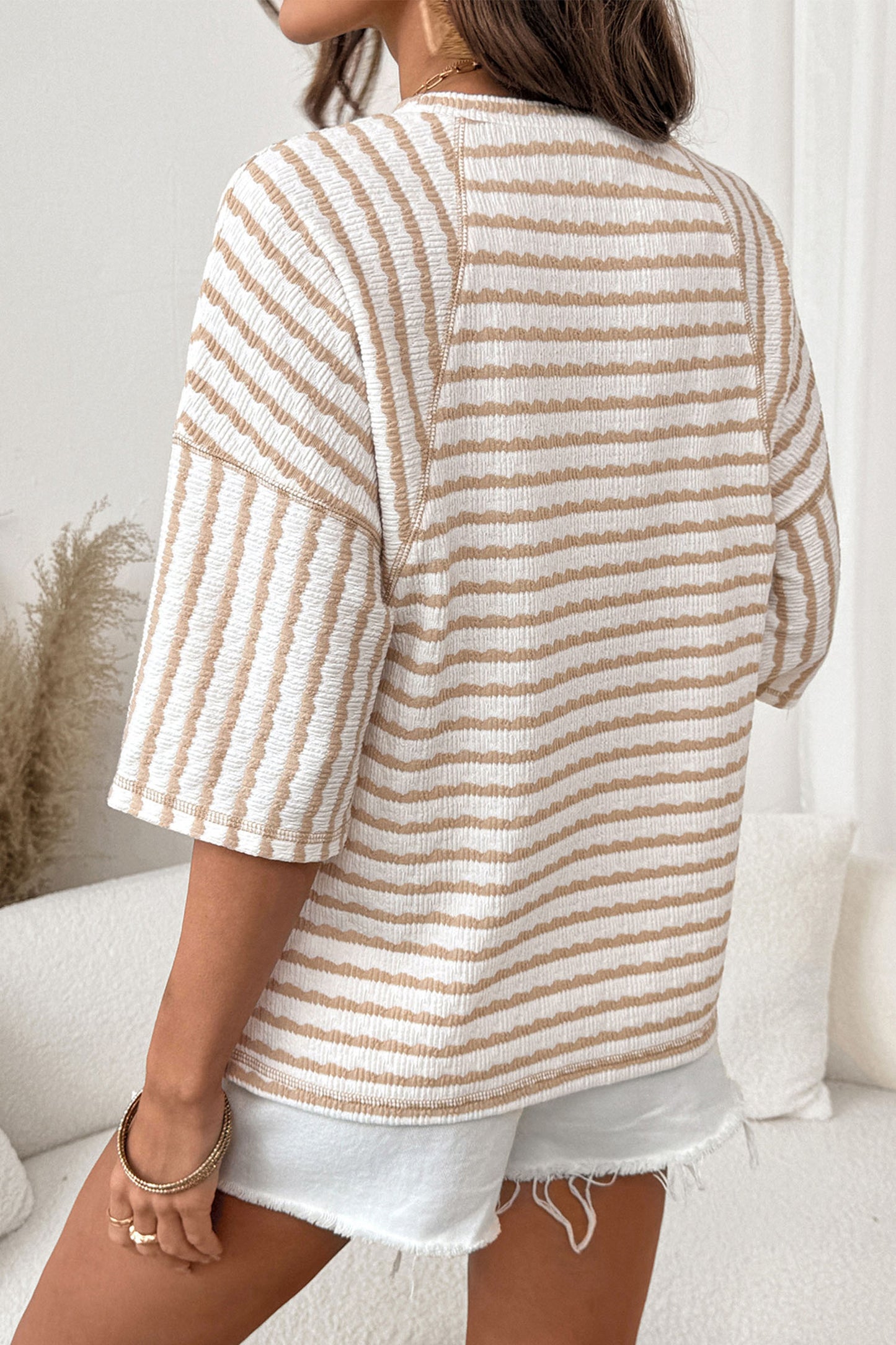 Textured Knit Split-Hem Half Sleeve Loose Top