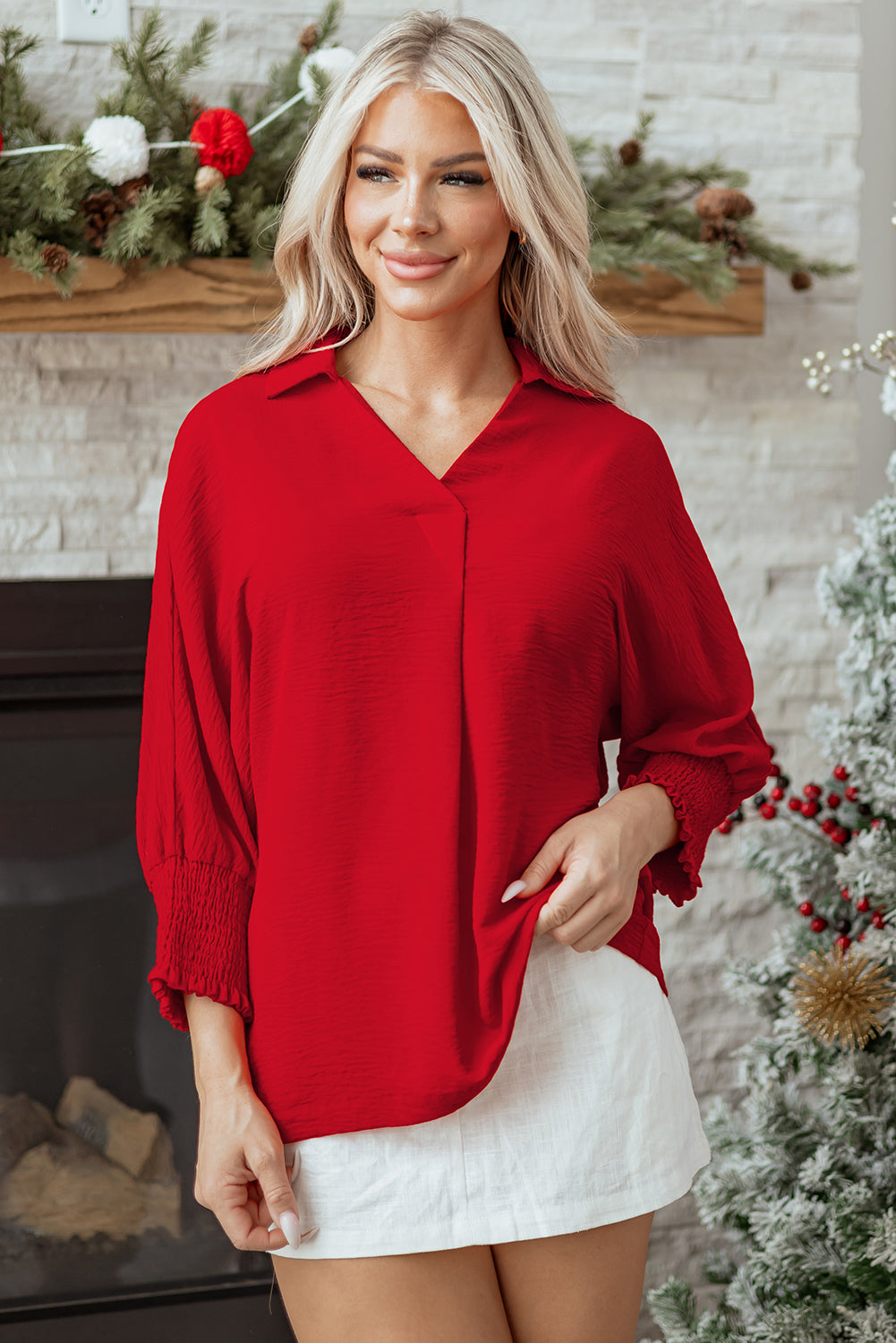 Fiery Red V-Neck Collared Shirred 3/4 Sleeve Oversized Tunic Top
