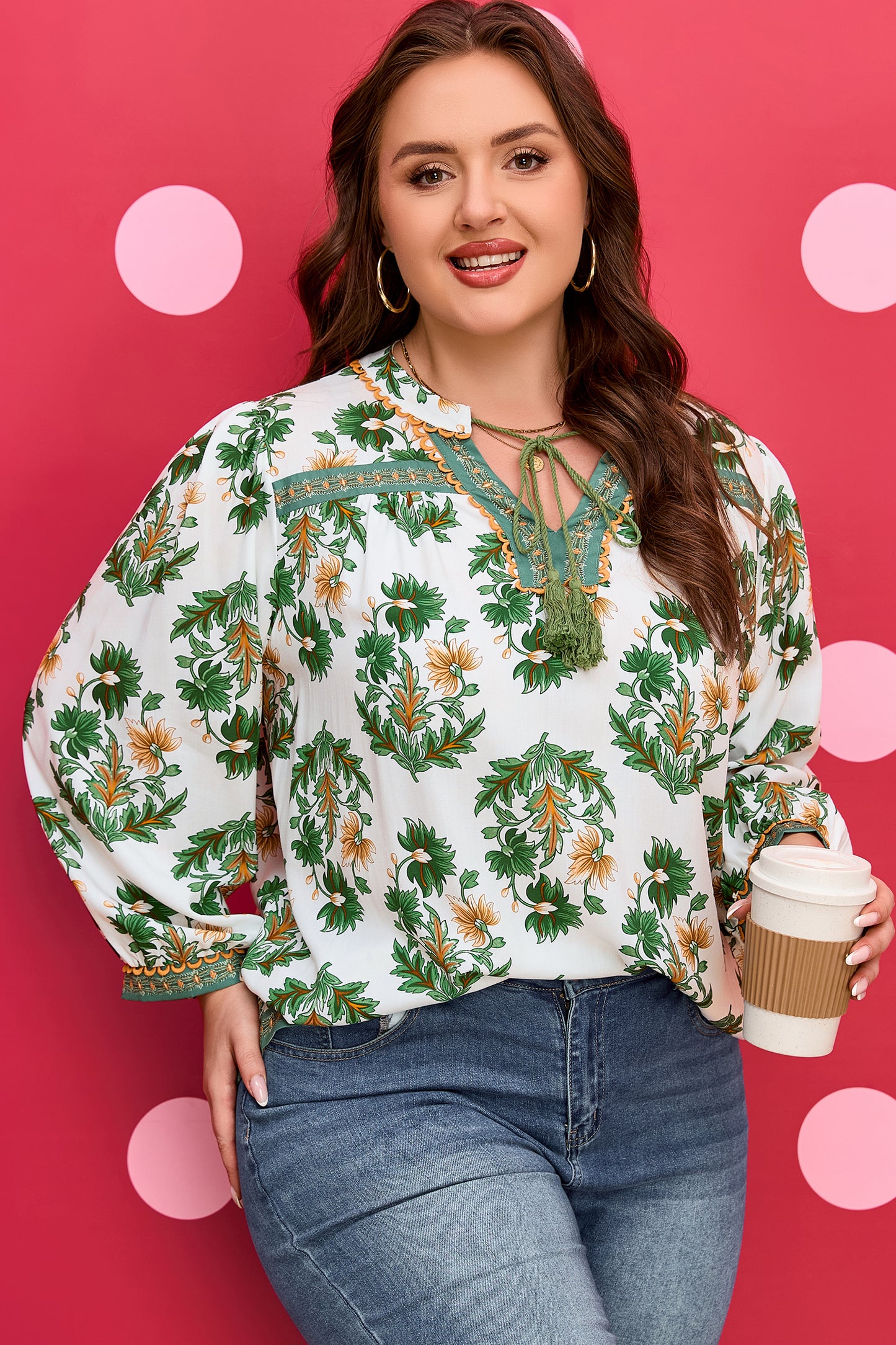 Green Plus-Size Floral Printed Contrast Patchwork Detail Tassel Tie 3/4 Sleeve Blouse