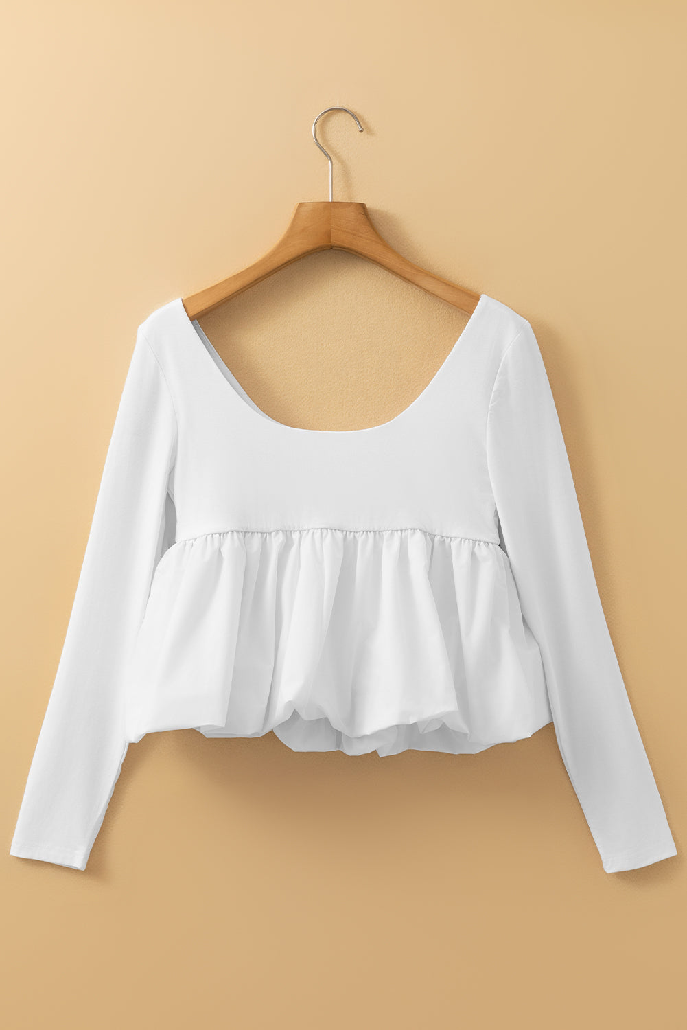 White U-Neck Long Sleeve Bubble Hem Top