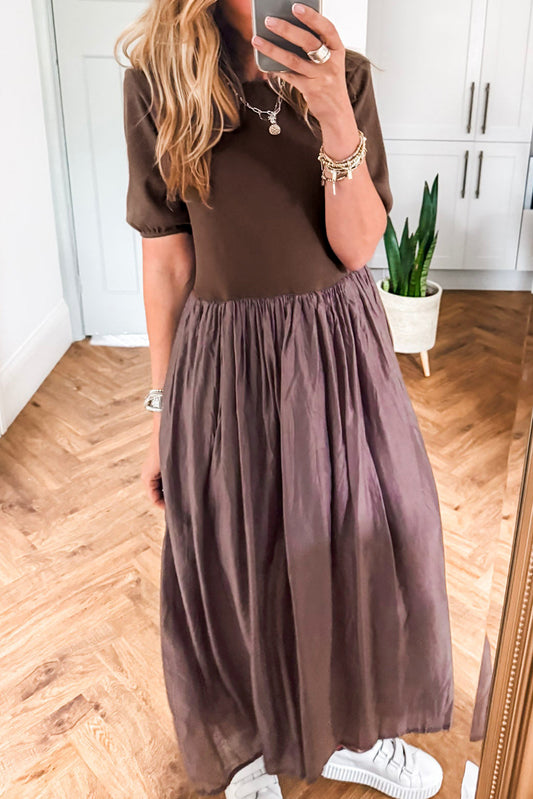 Short Sleeve Knit Top Patchwork Pleated Long Dress