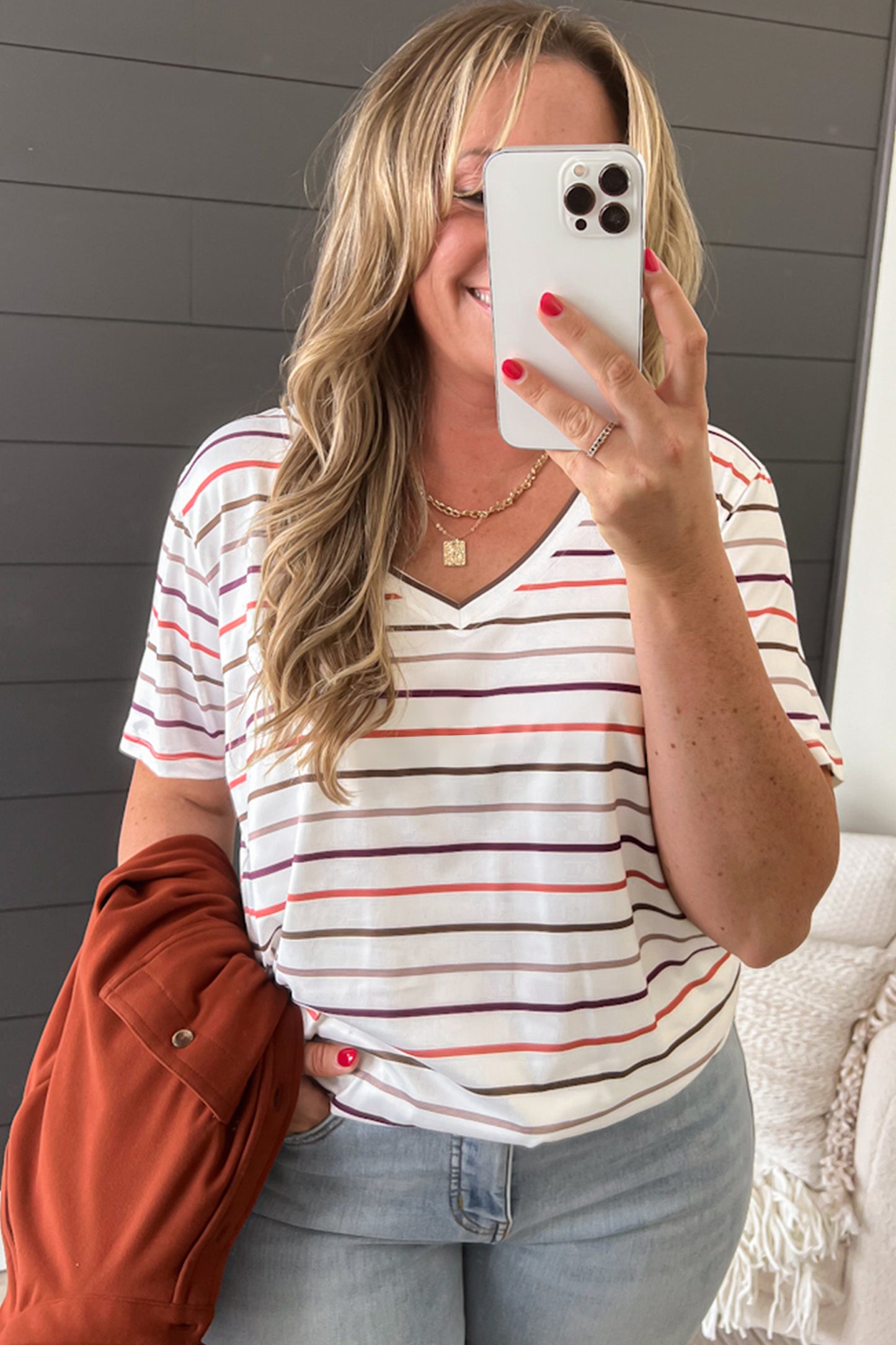 Striped V-Neck Casual Plus-Size Tee