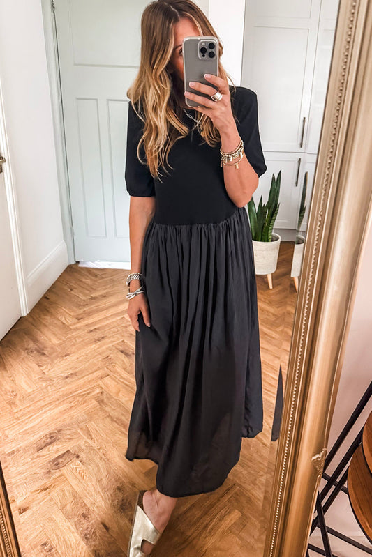 Short Sleeve Knit Top Patchwork Pleated Long Dress