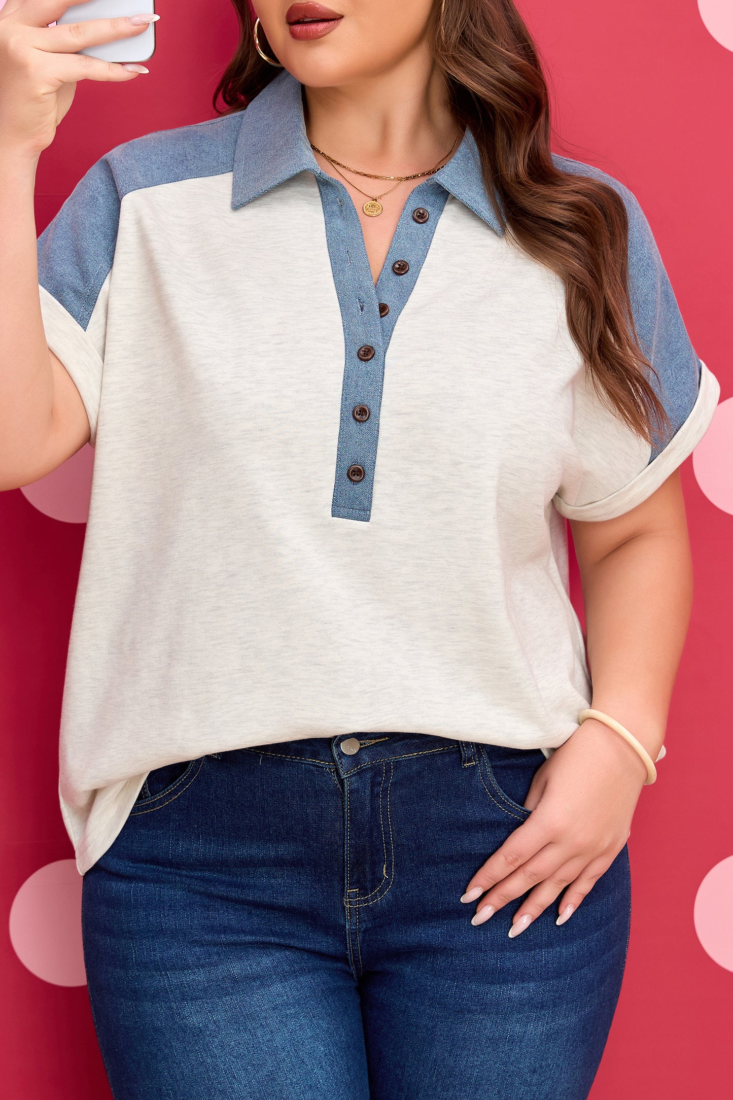 Beige Plus Size Contrast Denim Patchwork Cuffed Sleeve Polo Tee