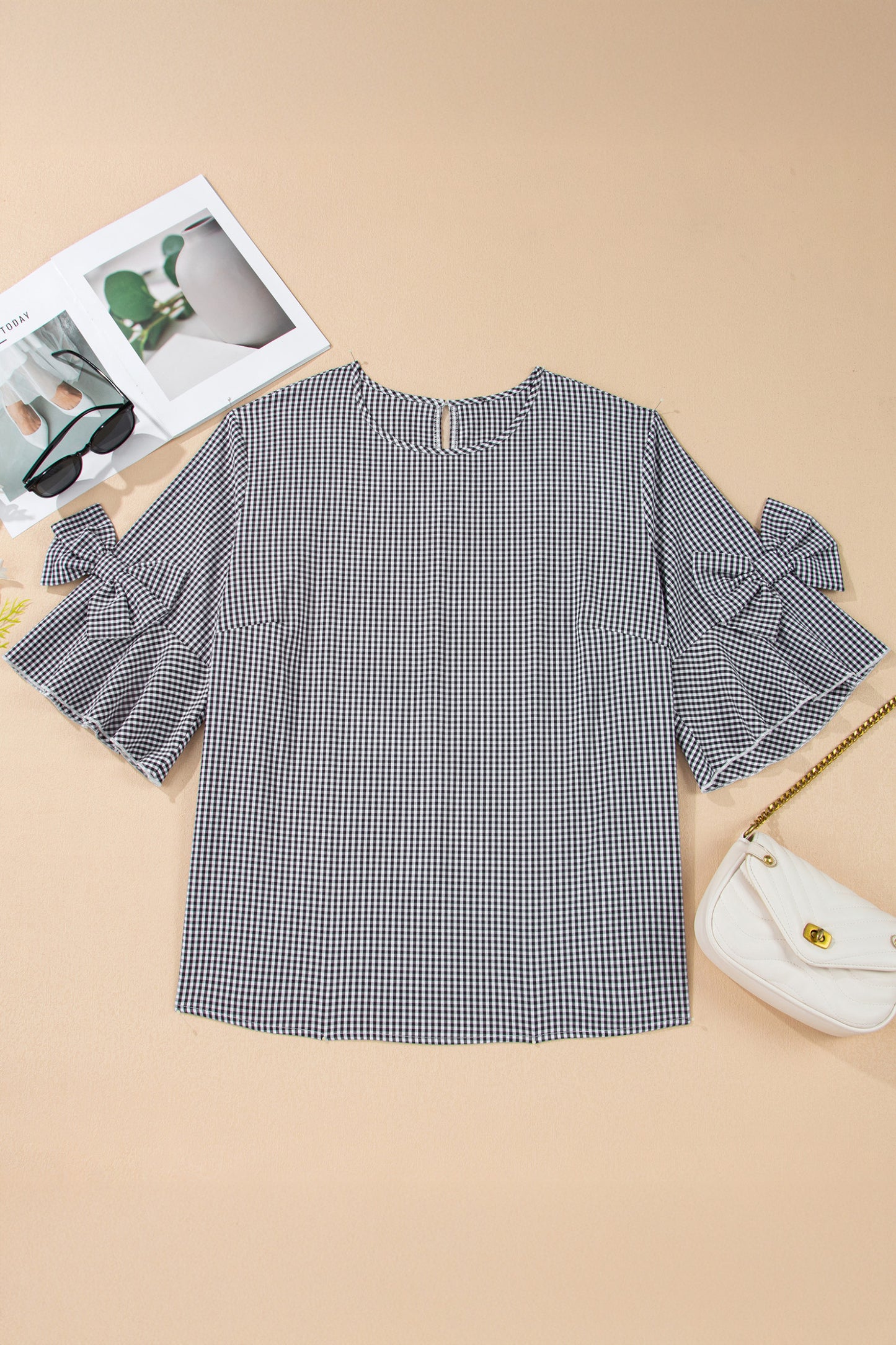 Black Plus-Size Plaid Bow Decor Bell Sleeve Round Neck Top