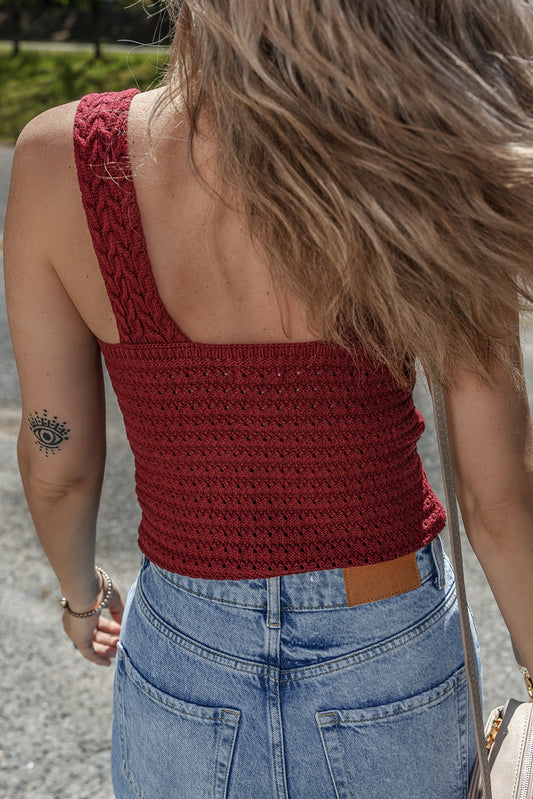 Burgundy Cable Knit Pointelle Slim Fit V-Neck Tank Top
