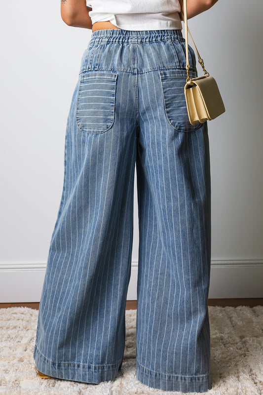 Striped Pleated Drawstring Waist Casual Wide Leg Jeans