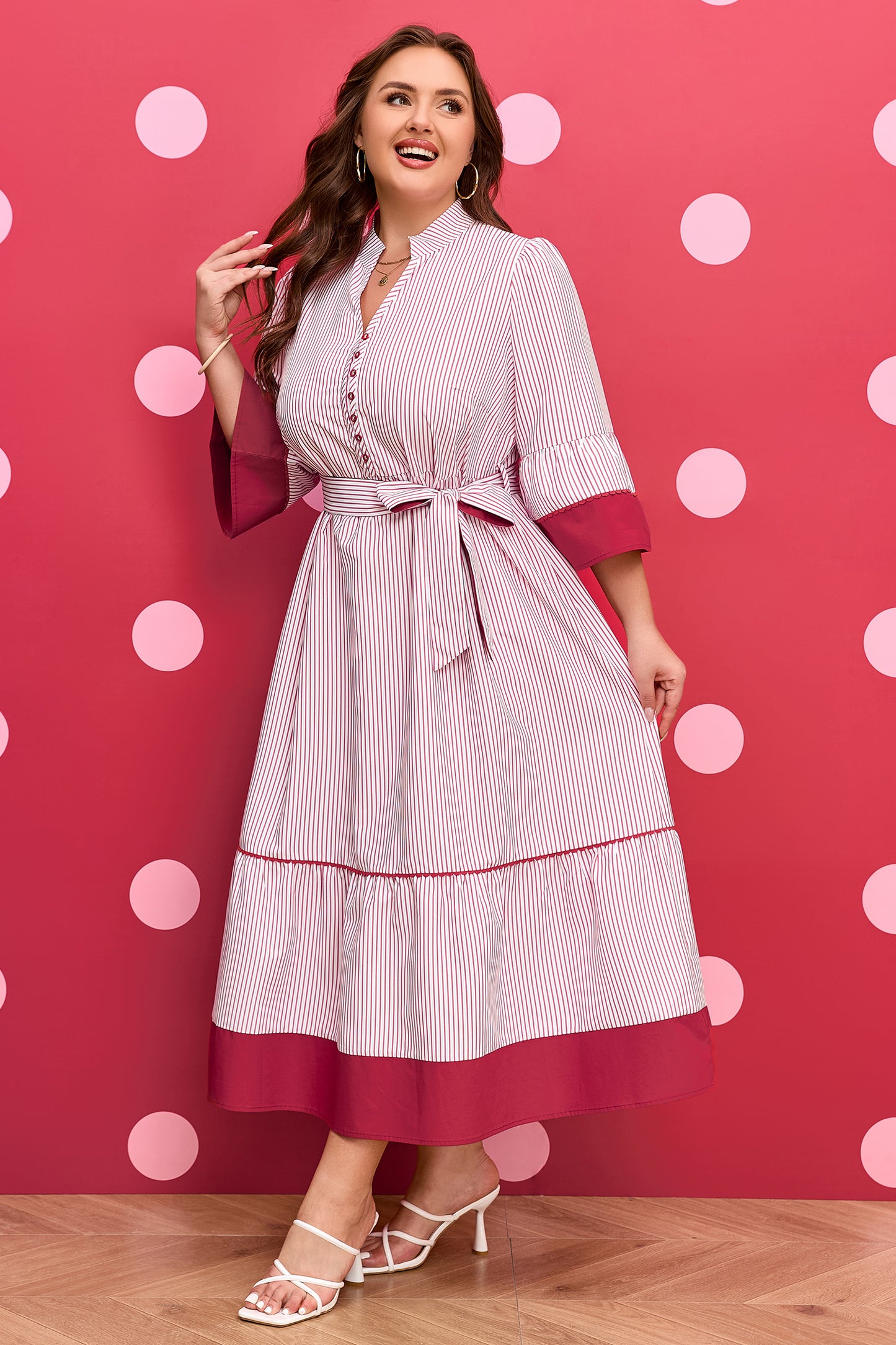 Red Stripe Plus-Size Ruffled Hem Pinstriped Midi Dress