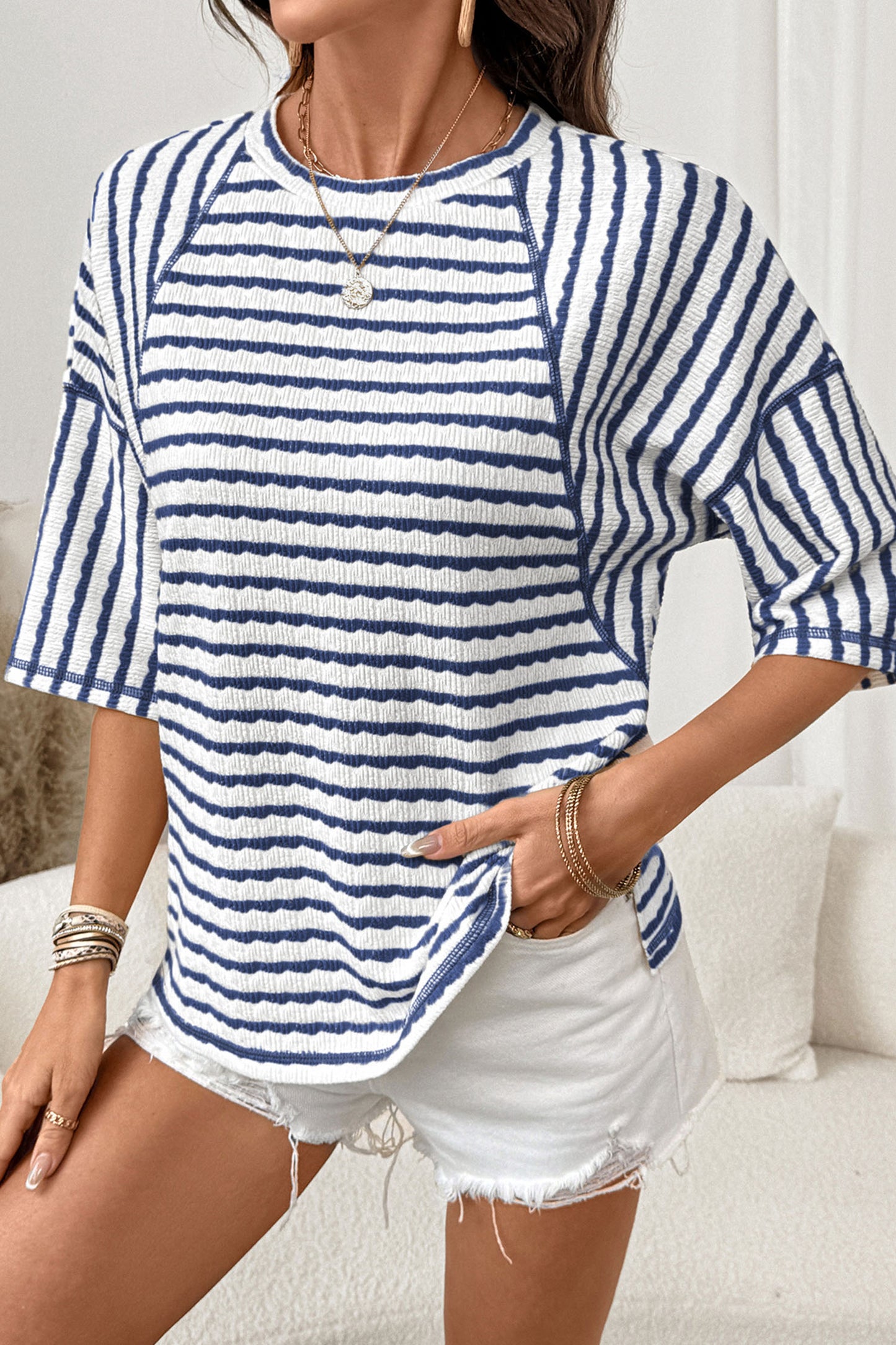 Textured Knit Split-Hem Half Sleeve Loose Top