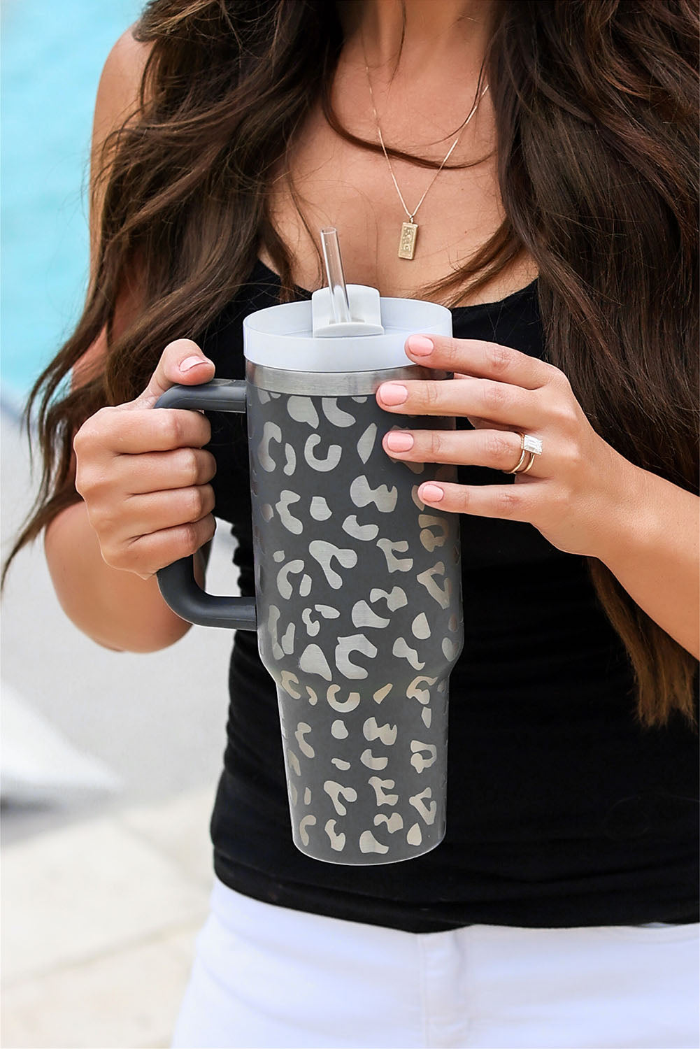 Gray Leopard Print 40OZ/1,2lt Stainless Steel Portable Cup with Handle